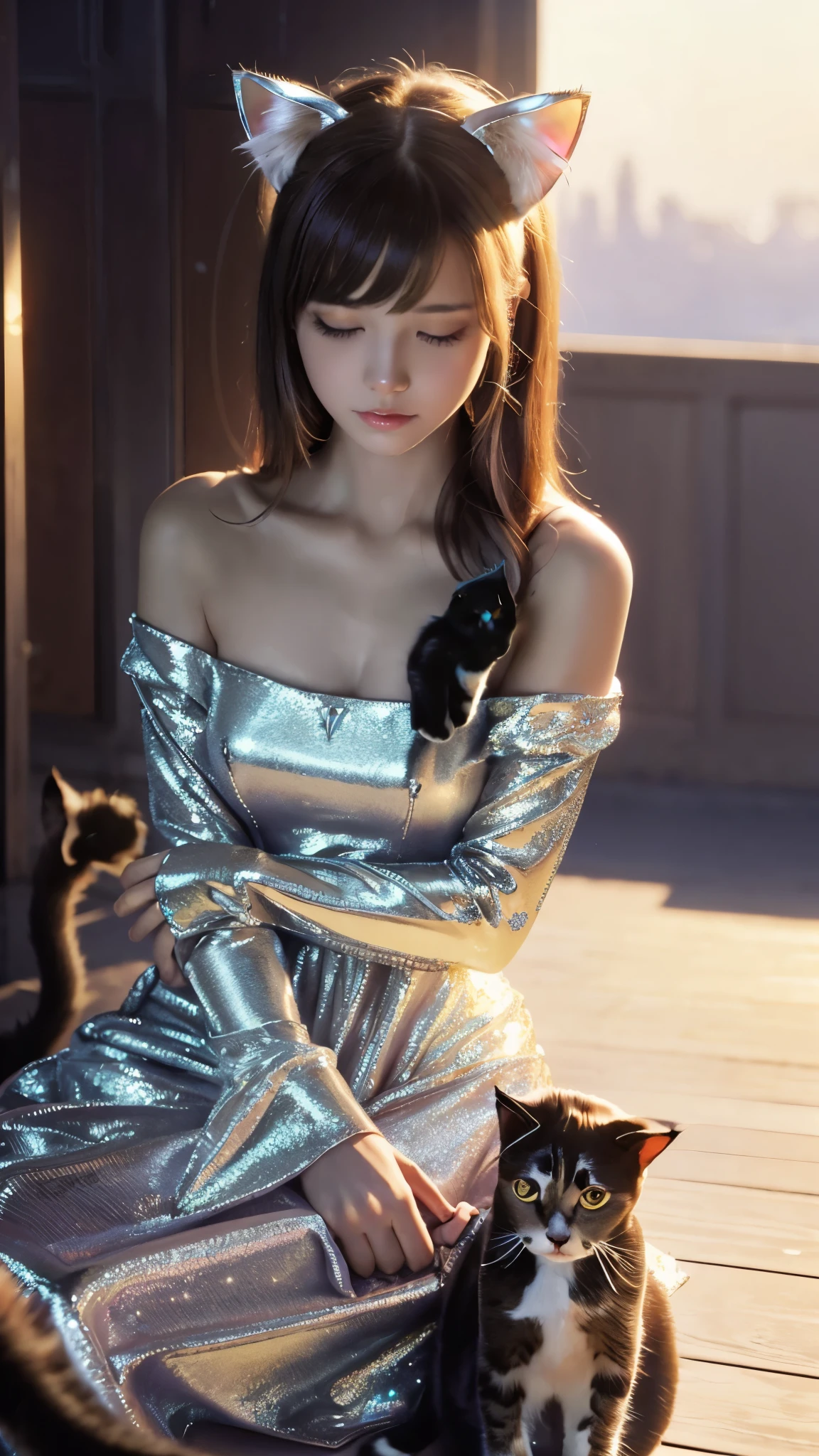 {{masterpiece}},{{highest quality}},enlightenment,1 perfect portrait of a girl, A fascinating eye, (soft hair),(cat ears),Long and slim body type, fantasy background, {exposed bare shoulders},{long-term alienation_sleeve}, {lean forward a little}, If you look up,hair ornaments,{shy},please shut your mouth, head tilt, ,movie lighting, (Shiny dress:1.5), ((seductive pose)), (Holding a cat:1.6), sunset seashore