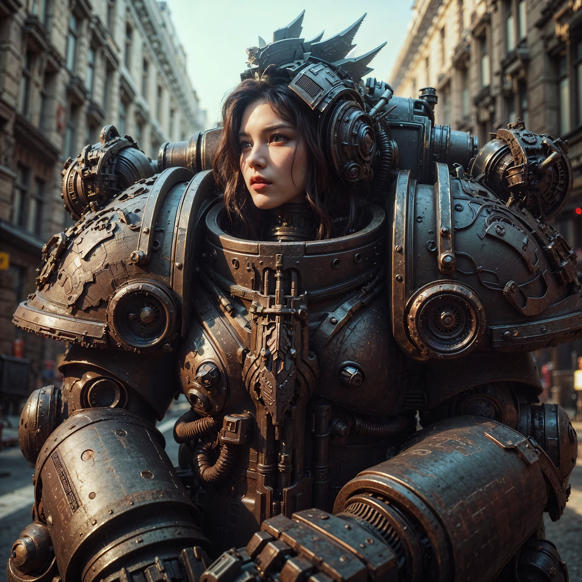 (masterpiece, best quality:1.2), (8k uhd, 16k, 32k, ultra high res), realistic photo, superrealism, (The main subject: Wide-angle lens), steampunk, beautiful female, (super beautiful face), legs, (Show on the(humongous)Power mechanical armor), (super intricate all details), (super realistic all textures), metallic yellow color, hydraulic cylinder, Rust, scars from previous battles, (wwⅡ like),Realistic metal mech,Standing in the street