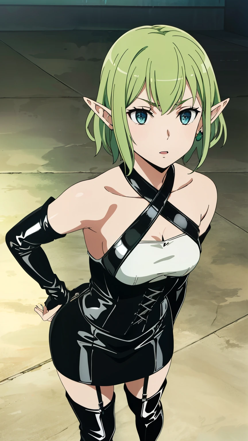 masterpiece,highest quality,anime,2D,Detailed face,
1 girl, alone, pointy ears, green hair, goblin, blue eyes, short hair,green hair,(Long gloves covered in black latex down to the fingertips), (Black latex corset dress), (Halter neck corset dress), (Black latex tight mini skirt), (Black thigh-high boots),earrings,stylish pose,stylish angle,(lively_color:1.2) (beautiful_medium breasts:1.3), (beautiful_face:1.4),(beautiful_thighs:1.1),