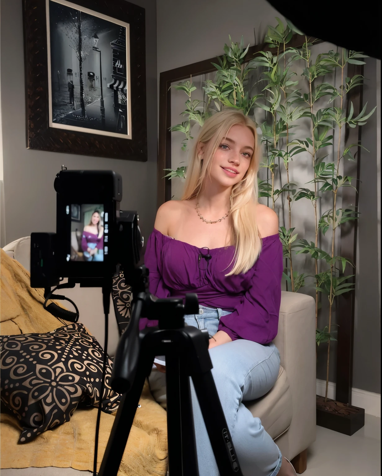 uma mulher, americana, 25 anos, pale skin and freckles, olhos cinzas, nariz delicado, soft and delicate lips, longo, cabelo blondie longo e ondulado na altura da cintura, sorriso meigo, face with delicate feminine  features, altamente renderizado, olhar para a camera