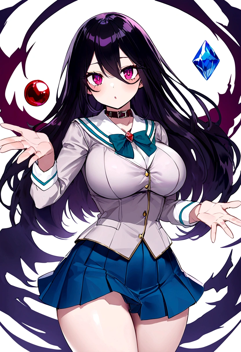 Estilo Boku No Hero anime, mujer de piel blanca con cabello largo negro una gema roja en la mano izquierda. y una azul en la mano derecha, with school suit big breasts small waist and medium hips, ojos rojos, collar negro en el cuello, y colmillos 