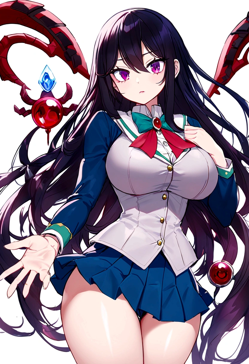 Estilo Boku No Hero anime, mujer de piel blanca con cabello largo negro una gema roja en la mano izquierda. y una azul en la mano derecha, with school suit big breasts small waist and medium hips, ojos rojos, collar negro en el cuello, y colmillos 