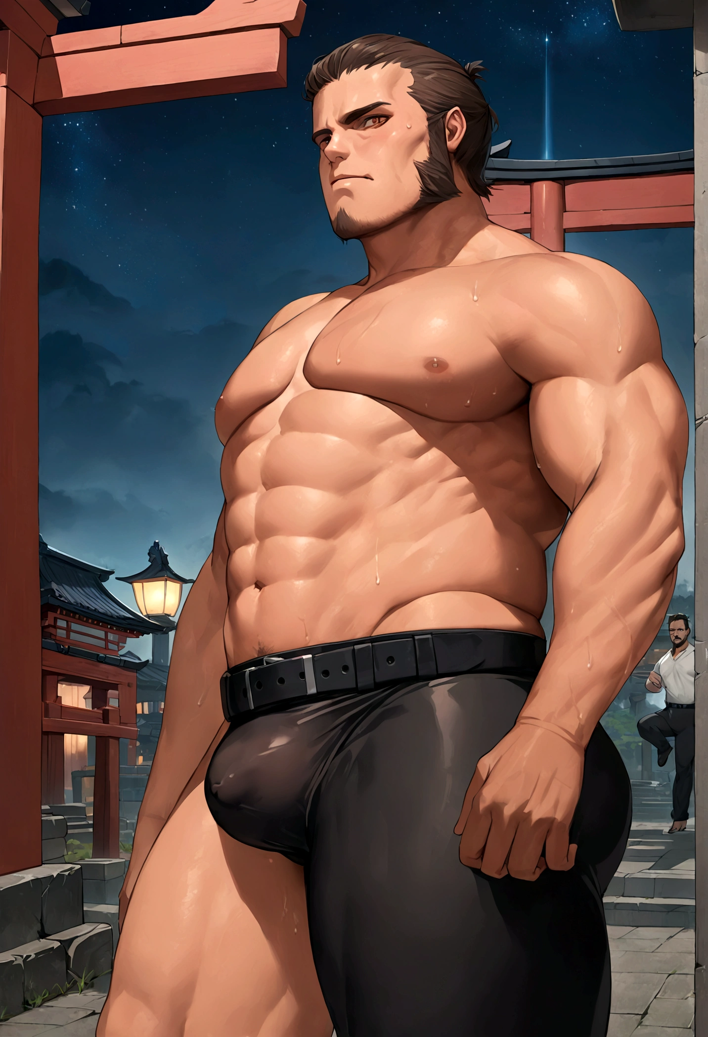 sexy mature daddy, tanned-skin, big bulge, darker skin, stubble, muscular, best quality, masterpiece, super high resolution, detailed background, realism, illustrations, single, 1 boy, torii, muscle, volumetric lighting, depth of field, facial hair, ryu, white clothes, black belt, light particles, massive bulge, starry sky, martial artist, sweating, short hair, perfect eyes, bare feet, naked body