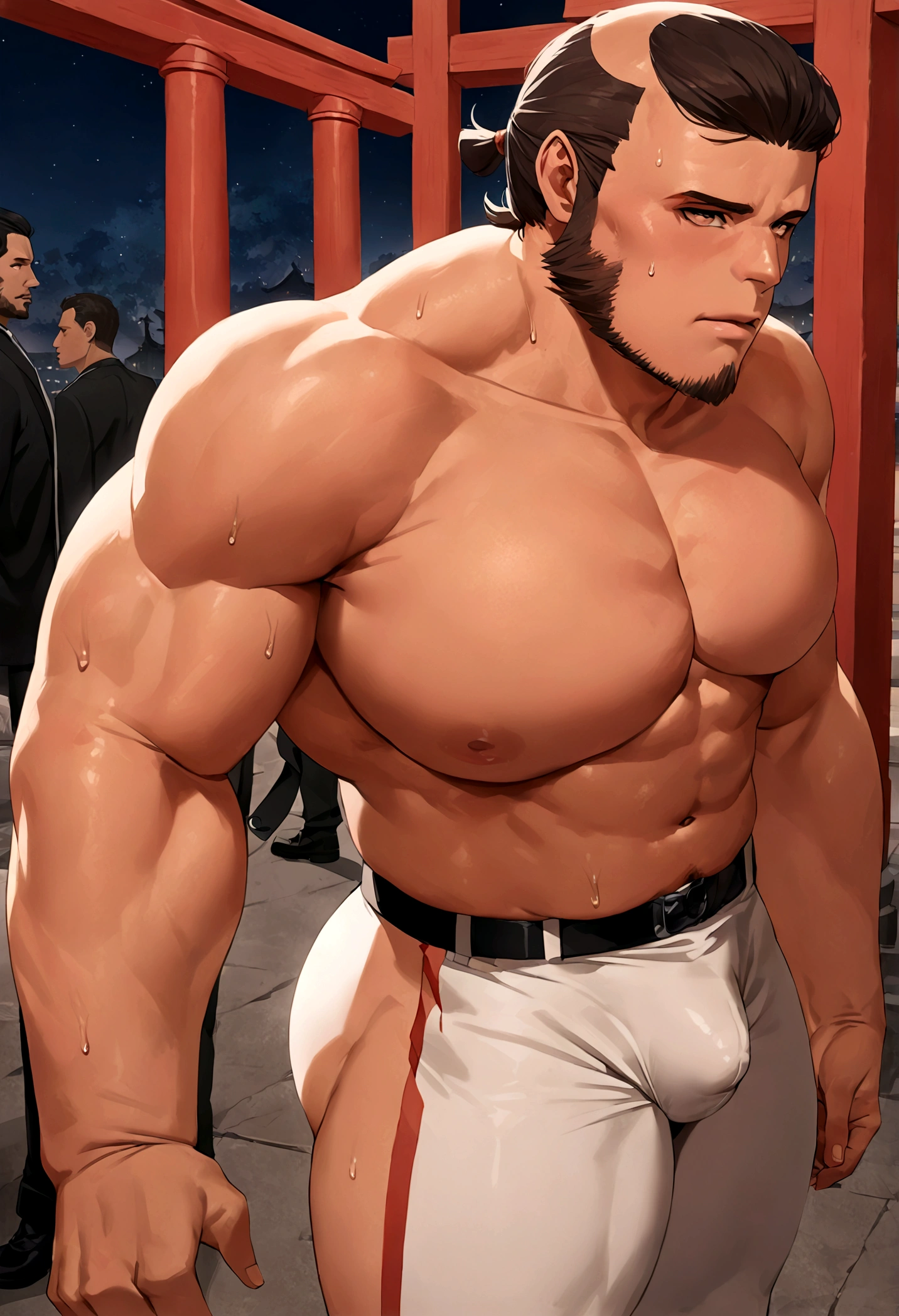 sexy mature daddy, tanned-skin, big bulge, darker skin, stubble, muscular, best quality, masterpiece, super high resolution, detailed background, realism, illustrations, single, 1 boy, torii, muscle, volumetric lighting, depth of field, facial hair, ryu, white clothes, black belt, light particles, massive bulge, starry sky, martial artist, sweating, short hair, perfect eyes, bare feet, naked body
