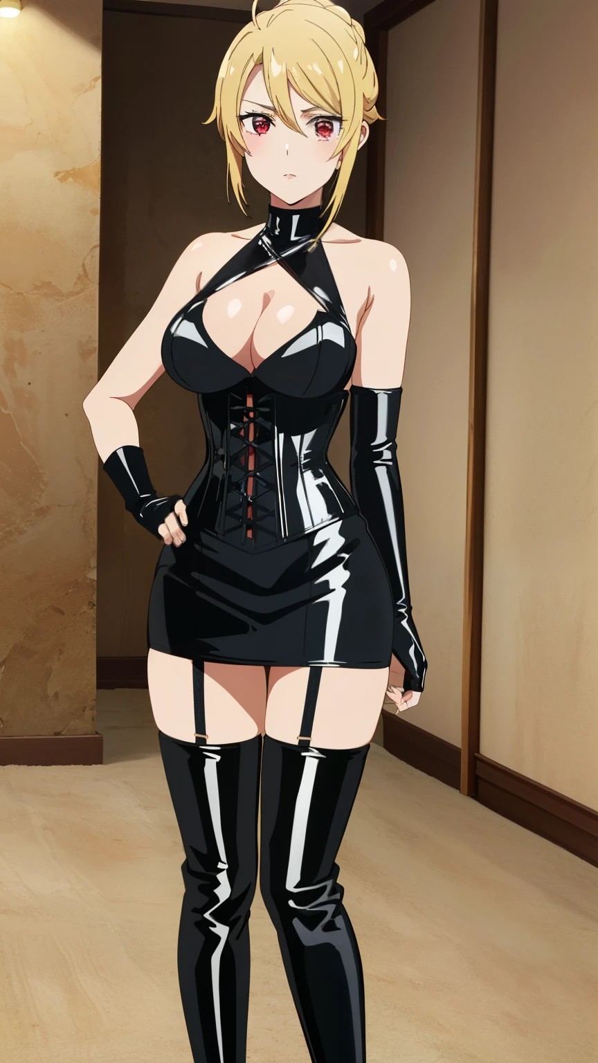 masterpiece, highest quality, anime, Angelica V4, 1 girl, alone, Braid, red eyes,((Long gloves covered in black latex down to the fingertips), (Black latex corset dress), (Halter neck corset dress), (Black latex tight mini skirt), (Black thigh-high boots)),stylish pose,looking at the viewer,in the center of the image, (beautiful_large medium breasts:1.2), (beautiful_face:1.3),(slim_waist:1.1),