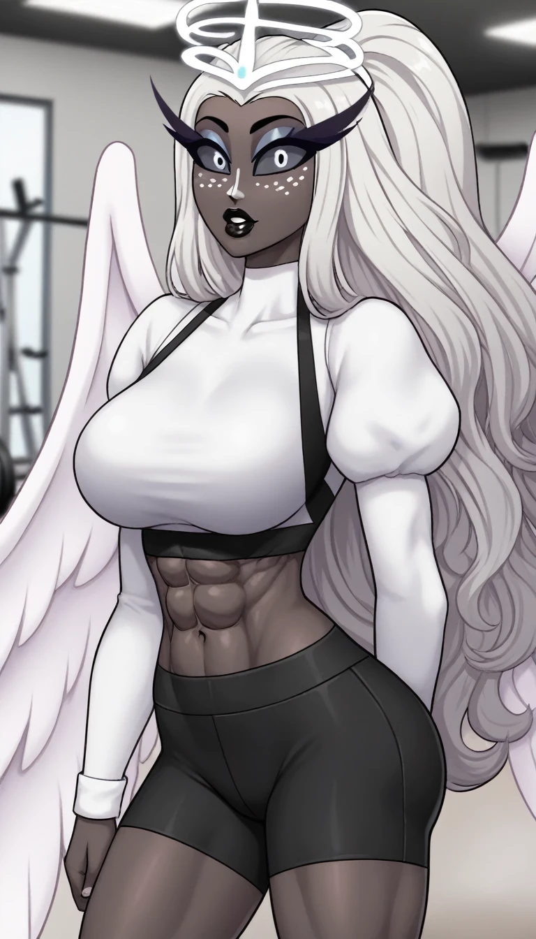 SeraHHXL, dark skin, colored skin, white nose, white freckles face, long eyelashes, makeup, black lips, grey sclera, colored sclera, black pupils, white hair, long hair, ponytail held by a black bow in hair, halo, glowing halo, angel wings, large breasts, puffy sleeves, short pink and black gym shorts, black sports bra, (solo), standing, looking at viewer, at a gym, muscular and cuvry female body