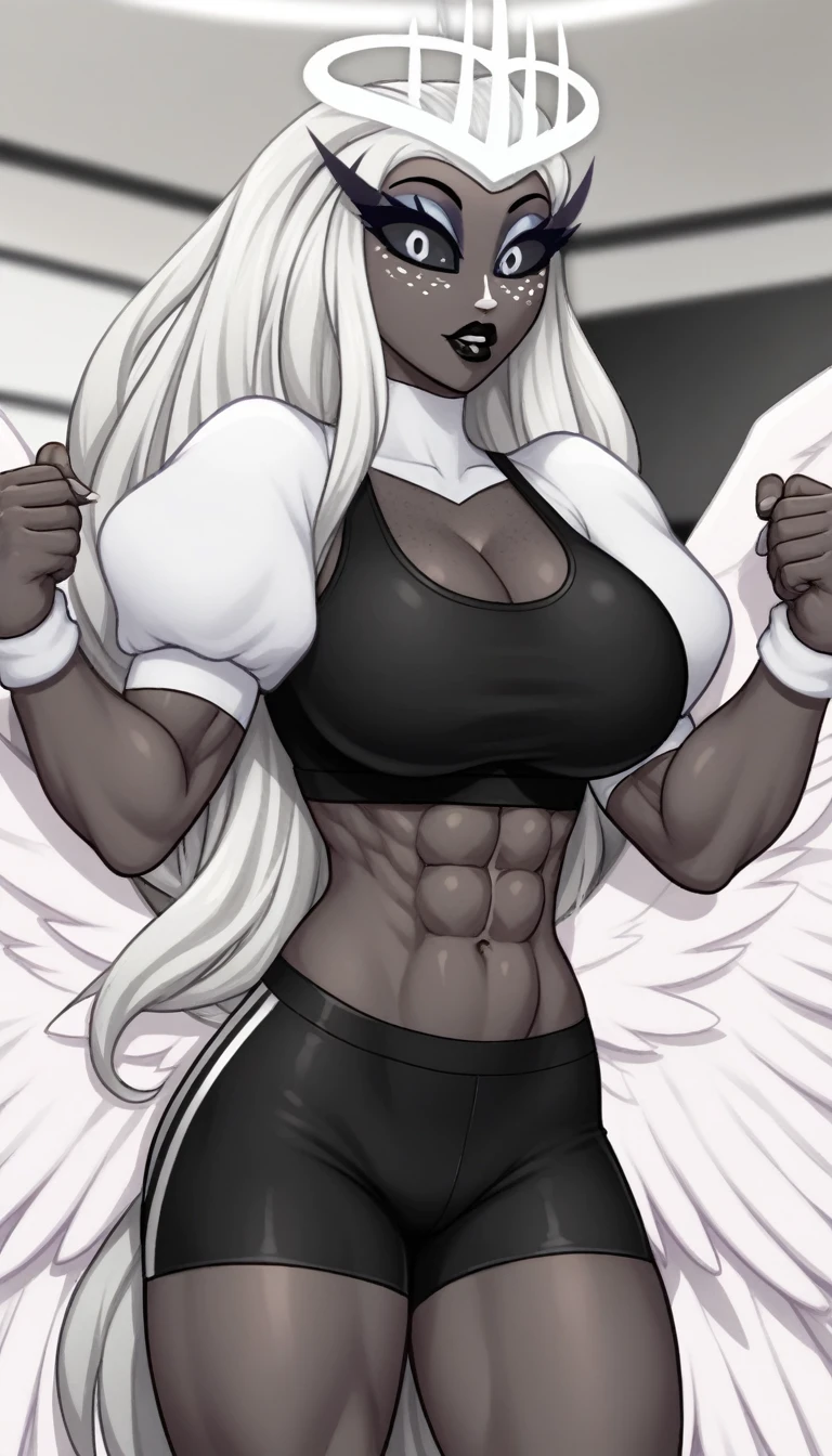 SeraHHXL, dark skin, colored skin, white nose, white freckles face, long eyelashes, makeup, black lips, grey sclera, colored sclera, black pupils, white hair, long hair, ponytail held by a black bow in hair, halo, glowing halo, angel wings, large breasts, puffy sleeves, short pink and black gym shorts, black sports bra, (solo), standing, looking at viewer, at a gym, muscular and cuvry female body