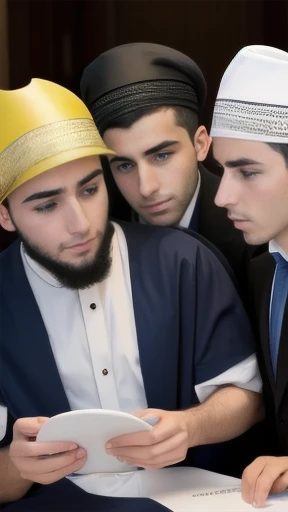 hijab adult woman and boys, on living room, in close position