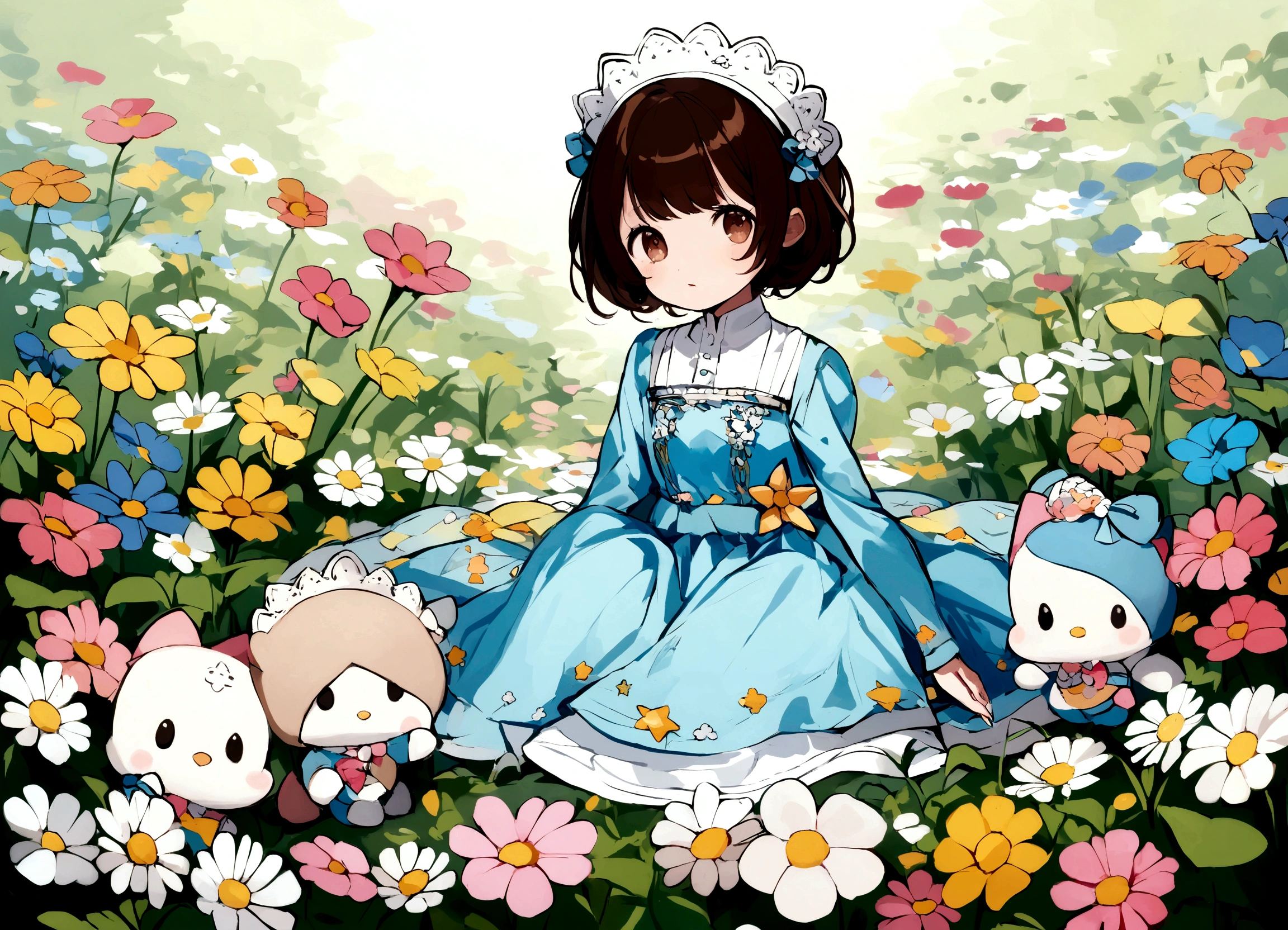 a girl with dark brown hair, blue dress with long sleeves, sitting in a field of flowers. little twin star sanrio style.