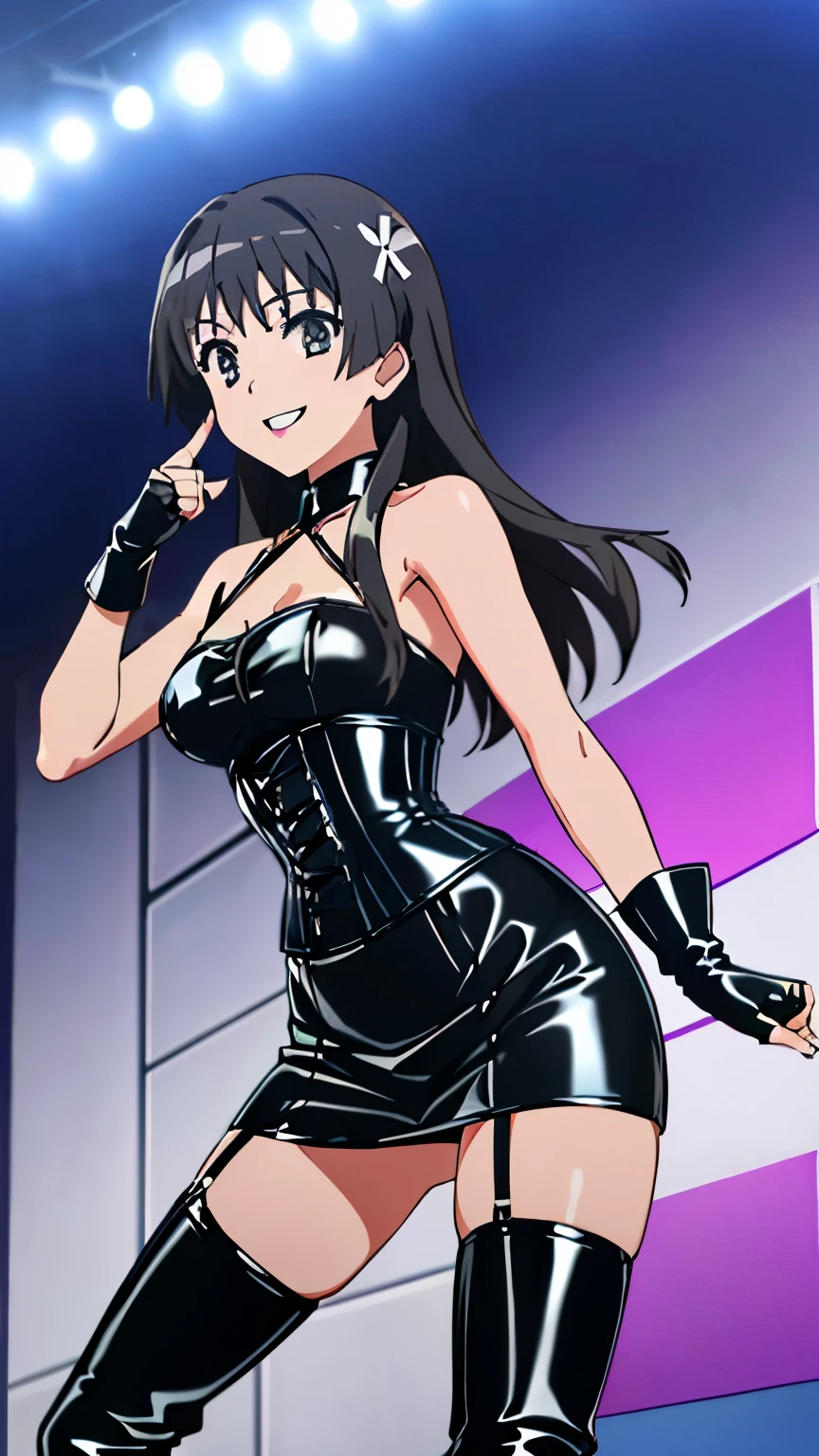 Pixel Perfect, Perfect Detail, Solo, 1 Girl, Saten Ruiko, Medium Bust, ((Long gloves covered in black latex down to the fingertips), (Black latex corset dress), (Halter neck corset dress), (Black latex tight mini skirt), (Black thigh-high boots), Smiling), Dynamic Angle, Looking at the Audience, Image Centered,