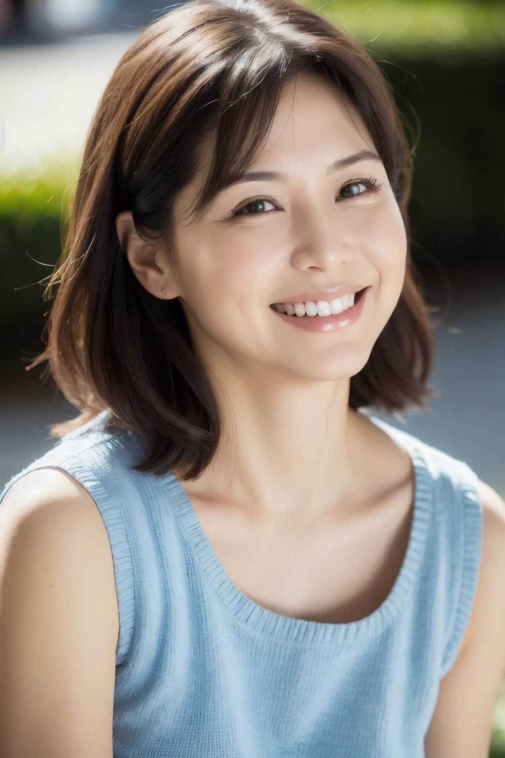 最high quality, In 8K, Masseter muscle area, Lifelike, Sharp focus, high quality, High resolution, Detailed face, Detailed eyes, Thick lips, Background Blur, solo, Middle-aged women, , 55 years old, , Wavy Hair, Cleavage, Wearing a plain short-sleeved knit, Afternoon in front of the park garden, Wrinkles around the eyes, Toothy smile