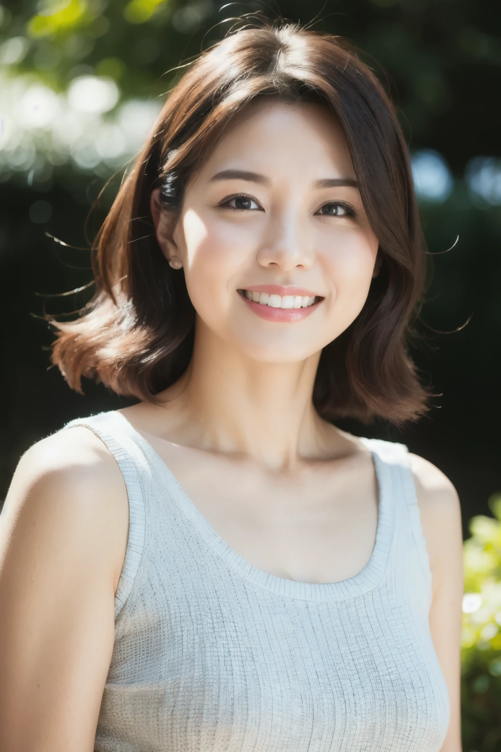 最high quality, In 8K, Masseter muscle area, Lifelike, Sharp focus, high quality, High resolution, Detailed face, Detailed eyes, Thick lips, Background Blur, solo, Middle-aged women, , 55 years old, , Wavy Hair, Cleavage, Wearing a plain short-sleeved knit, Afternoon in front of the park garden, Wrinkles around the eyes, Toothy smile