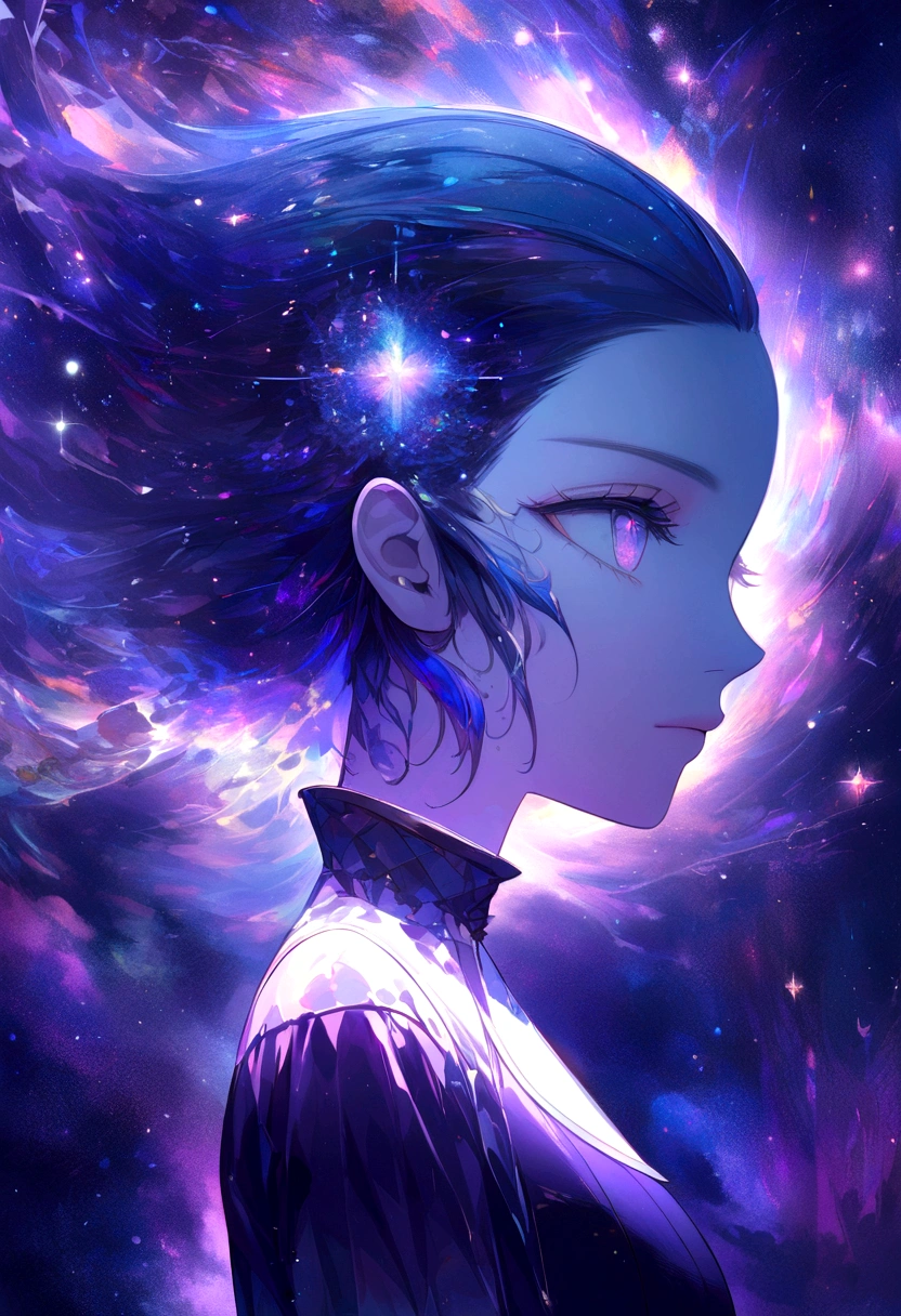 (blue and purple theme, nebula, galaxie:1.3), fille simple, stylish anime, Sparkling magic, kaleidoscope patterns, shimmering highlights, de grands yeux, surrealism, fantaisie, Fantastic elements, contemplation sereine, Dynamic energy, moment de calme, vibrant colors, composition imaginative, closed mouth, vue de profil