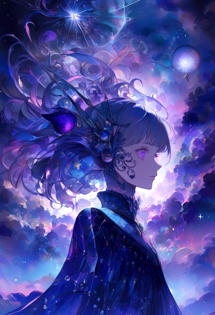 (blue and purple theme, nebula, galaxie:1.3), fille simple, stylish anime, Sparkling magic, kaleidoscope patterns, shimmering highlights, de grands yeux, surrealism, fantaisie, Fantastic elements, contemplation sereine, Dynamic energy, moment de calme, vibrant colors, composition imaginative, closed mouth, vue de profil