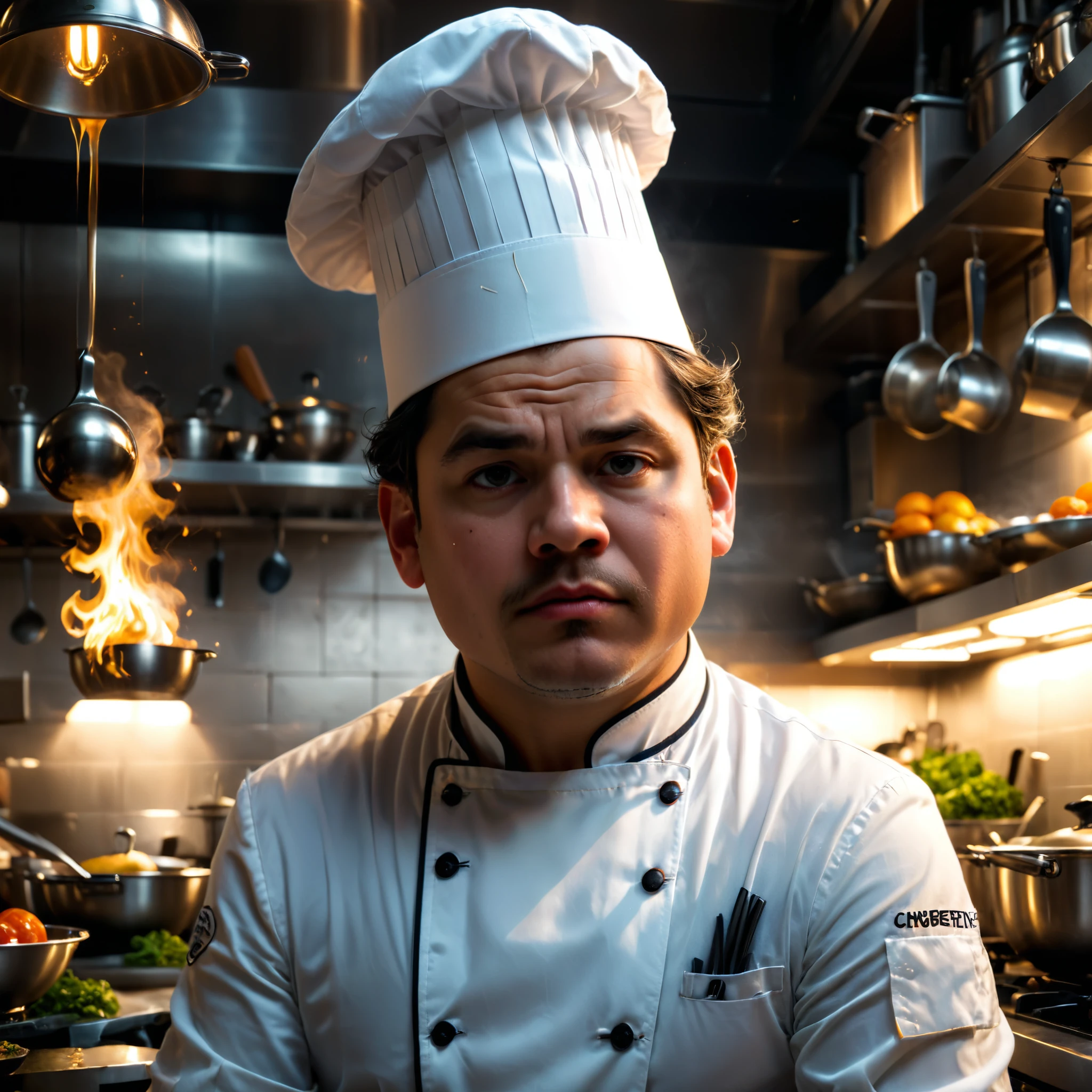 (disgusted expression),a chef,chef hat,perfect anatomy,kitchen,cinematic lighting,(masterpiece,8k,Professional,perfect composition,very aesthetic,absurdres,ultra-detailed,intricate details:1.4),perfect proportion,innocent