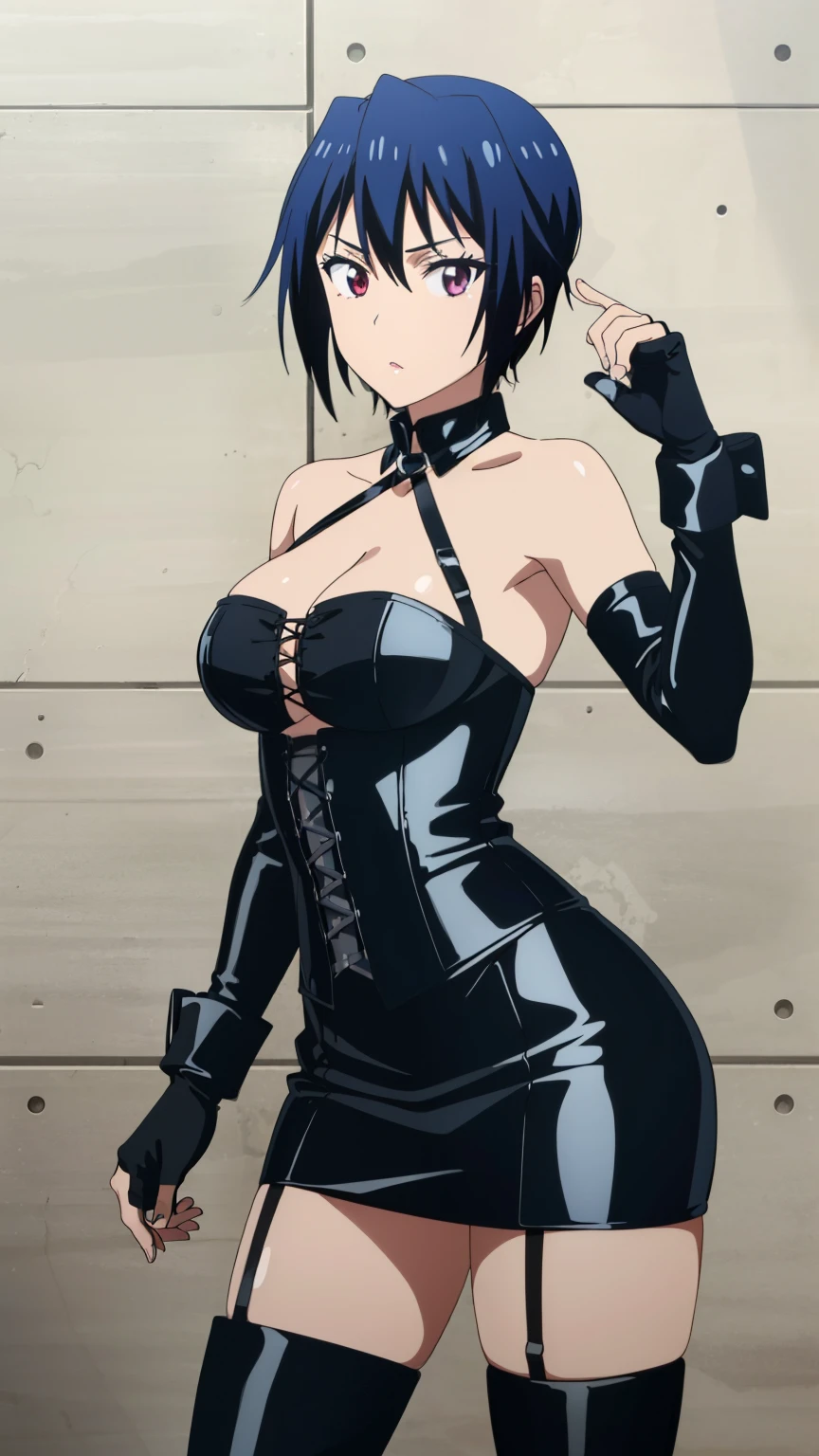 (Best Quality, 8K, High Resolution, Masterpiece: 1.2), High Definition, Anime Art Style, Anime Color, Solo, Girl, (Long gloves covered in black latex down to the fingertips), (Black latex corset dress), (Halter neck corset dress), (Black latex tight mini skirt), (Black thigh-high boots), Large Medium Tits, Solo, Stylish Pose, Stylish Angle, Viewing Cowboy shot in the center of the image,