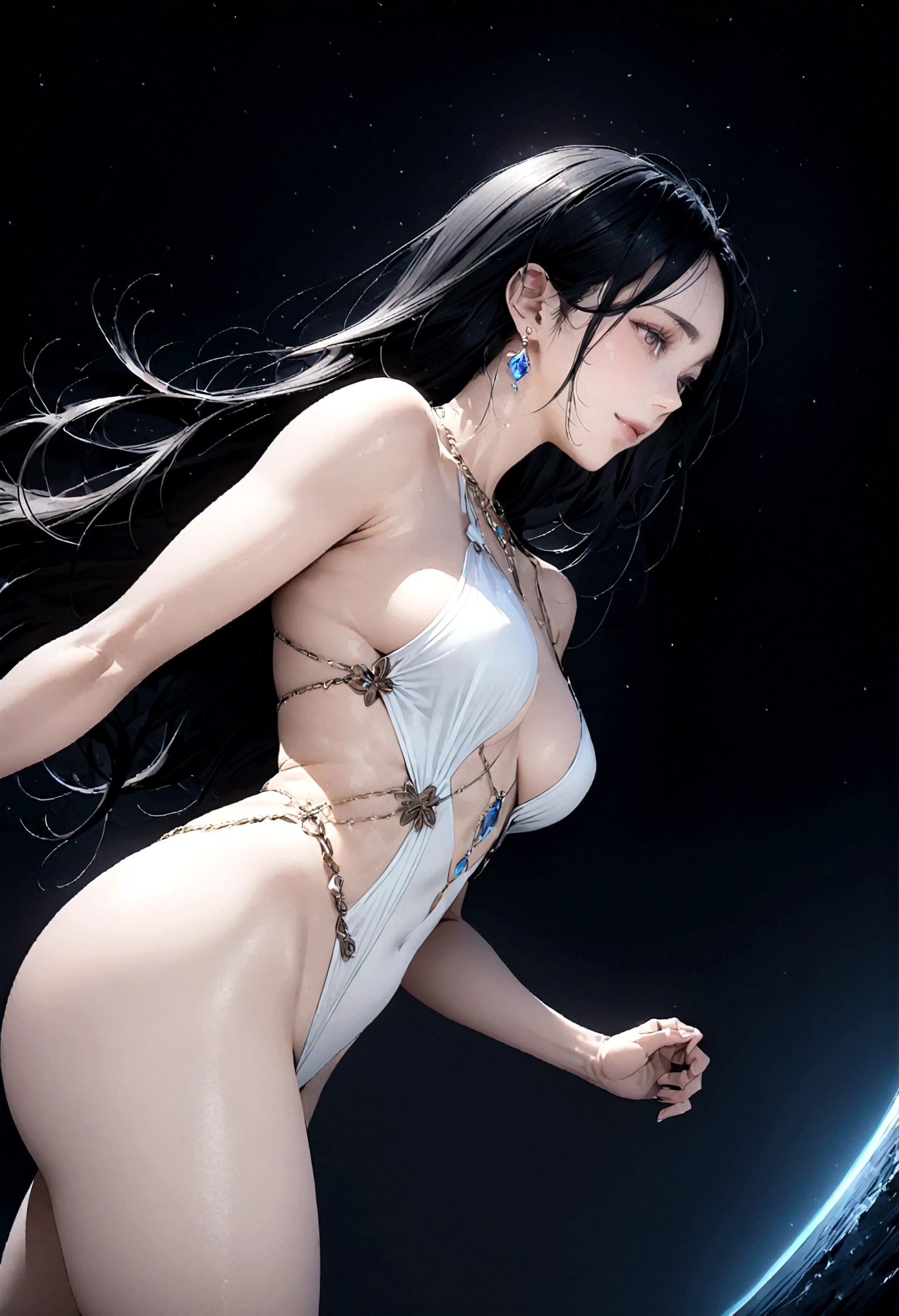 8k, masterpiece, RAW Photos, highest quality, Realistic, Very detailed, Depth of written boundary, Cinematic Light, Anatomically correct body,
An elegant beautiful mature woman, Very beautiful face, Exquisitely detailed face, (A gentle, calm face like a goddess:1.4), Very delicate skin texture, Transparent muscle, Shiny white skin, Glamorous Body,
(Wavy black long hair:1.2), Sexy Breasts, Sexy ass,
(White hentai swimsuit:1.4), (Detailed cloth texture:1.2), (Body chain accessory with detailed jewel studded embellishments:1.3), (Gorgeous necklace:1.1), (Gorgeous earrings:1.1),
(Dark starry background:1.4), (Milky Way:1.1), (milky way:1.1), (shooting star:1.1), (Dark coastline at night:1.4), (Pitch black sea surface:1.4),
(Low angle shot:1.8),