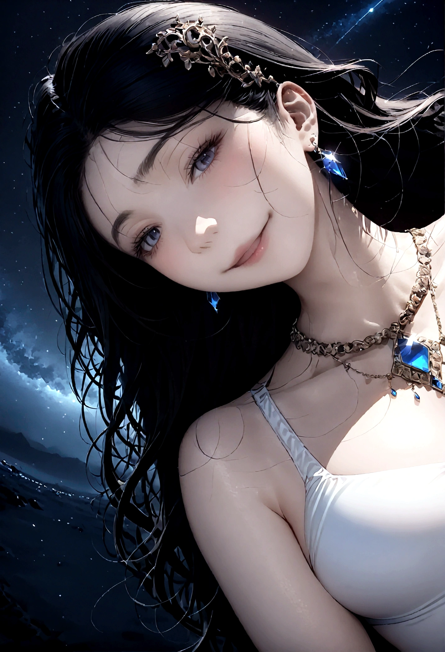 8k, masterpiece, RAW Photos, highest quality, Realistic, Very detailed, Depth of written boundary, Cinematic Light, Anatomically correct body, 
An elegant beautiful mature woman, Very beautiful face, Exquisitely detailed face, (A gentle, calm face like a goddess:1.4), Very delicate skin texture, Transparent muscle, Shiny white skin, Glamorous Body, 
(Wavy black long hair:1.2), Sexy Breasts, Sexy ass, 
(White hentai swimsuit:1.4), (Detailed cloth texture:1.2), (Body chain accessory with detailed jewel studded embellishments:1.3), (Gorgeous necklace:1.1), (Gorgeous earrings:1.1), 
(Dark starry background:1.4), (Milky Way:1.1), (milky way:1.1), (shooting star:1.1), (Dark coastline at night:1.4), (Pitch black sea surface:1.4), 
(Low angle shot:1.8), 