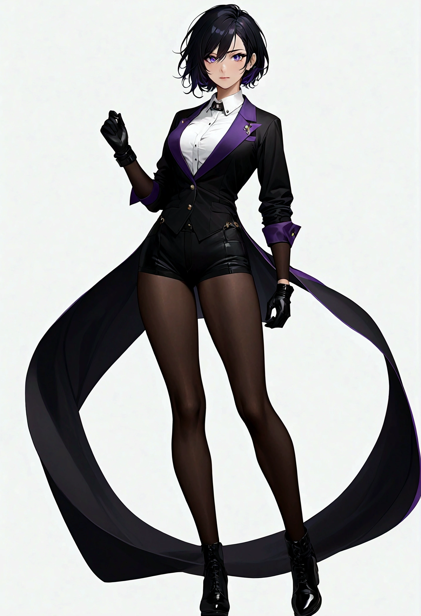 full body, tomboy, mature, sexy, smart, gorgeous body, black hair color black, black hairstyle short, purple pupils eyes, Black Gloves (simple background, white background)