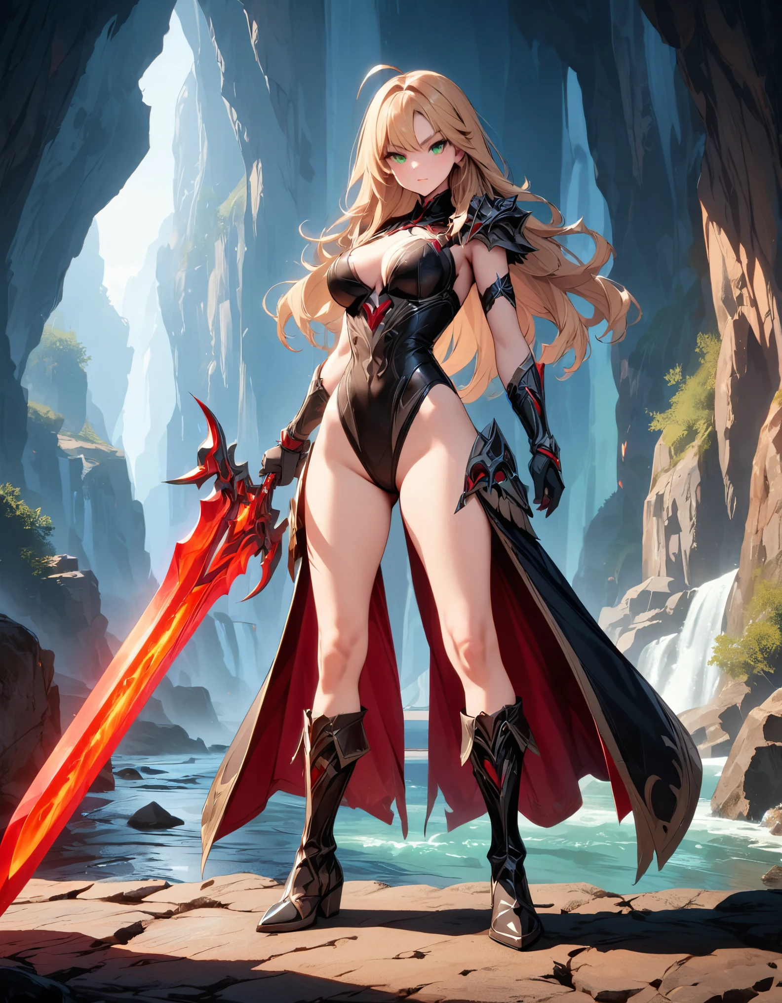 masterpiece, best quality, hires, 1girl, medium breasts, leotard, matching leotard, black leotard with red accents, sleeveless, midriff, bare legs, boots, matching boots, bracelets, mars backdrop, solo, single, standing perfect anatomy, perfect proportions, standing straight, full body with costume, full body shot, cowboy shot, beautiful detailed eyes, blonde hair, long hair, ahoge, light green eyes, superhero, barbarian, (her body infused with red energy), wielding sword