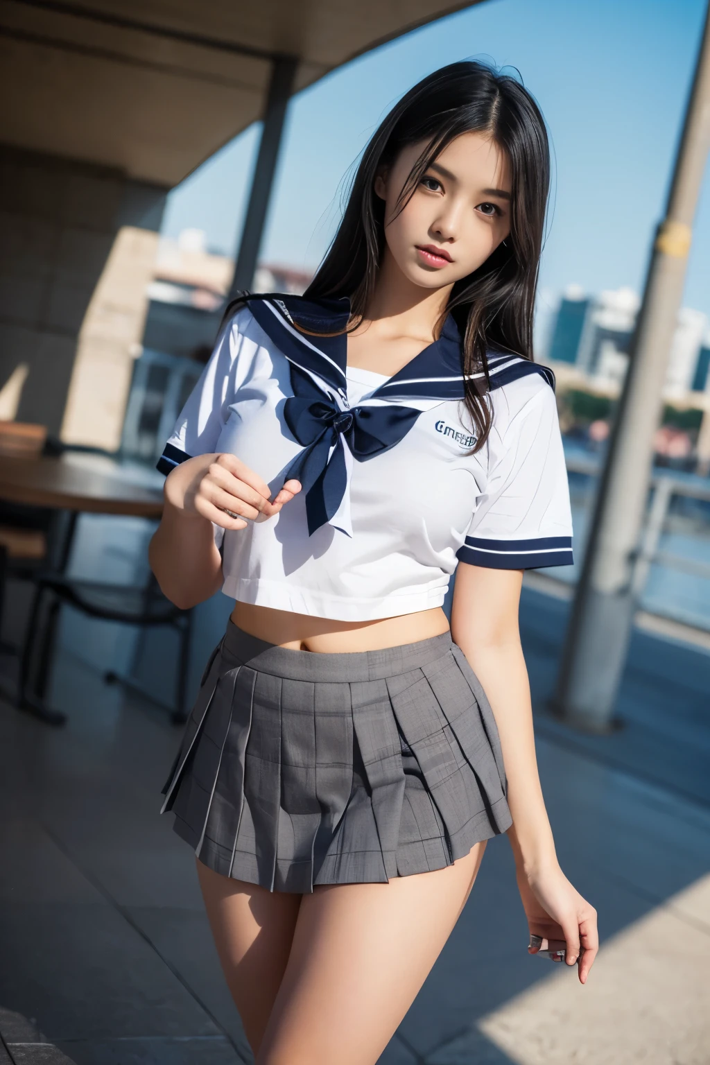 (highest quality:1.4), (hyper quality), (Ultra-high-definition realistic photos), Beautiful and young looking girl:1.2, very cute, Super beautiful woman, wonderful face and eyes, (A thin, short-sleeved white sailor school uniform), cropped tops:1.2, (Skirt length is very short), (Light blue gingham check pleated micro mini skirt), (Incredibly big big:1.3), (super slender:1.1), (Skinny thin legs:1.2), (very thin waist:1.2), realistic skin texture, (bangs:1.3), Glossy and transparent lip gloss, Beautiful goddess descends, beautiful background, golden ratio, conceptual art, Super detailed, Accurate, advanced details, outdoor, sexy art, Walking in the midsummer sunshine, bright light, Super delicate illustration details, High definition 8K wallpaper, Raw photo, professional photos, cinematic lighting, Depth of written boundary, (No bra in uniform:1.2), belly button, (You can see the shape of the nipple protrusions through the uniform.), (The nipple protrusions push up the uniform), Her big breasts are stretched out from her uniform:1.2, (I can see the underboob:1.2), (High heels on bare feet)