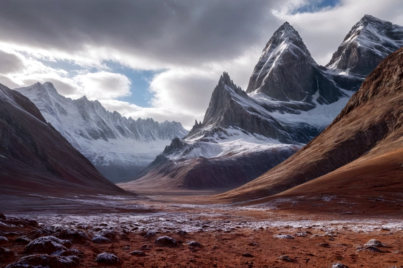 CHROME FORTRESS futuristic chrome fortress ON AN ALIEN PLANET STEEP AND INTRINSIC MOUNTAINS WITH SHARP ROCKS WITH SNOW AND ICE, EL CIELO TORMENTOSO APLOMADO, GRAY AND COLD HAS THE CLOUDS DESTROYED BY THE FREEZING WIND FROM THE POLE, IMAGEN HIPER REALISTA, MAXIMUM DEPTH OF FIELD, MAXIMUM HDR 4K RESOLUTION, PERSPECTIVA PERFECTA PARA fortaleza CROMADA alien
