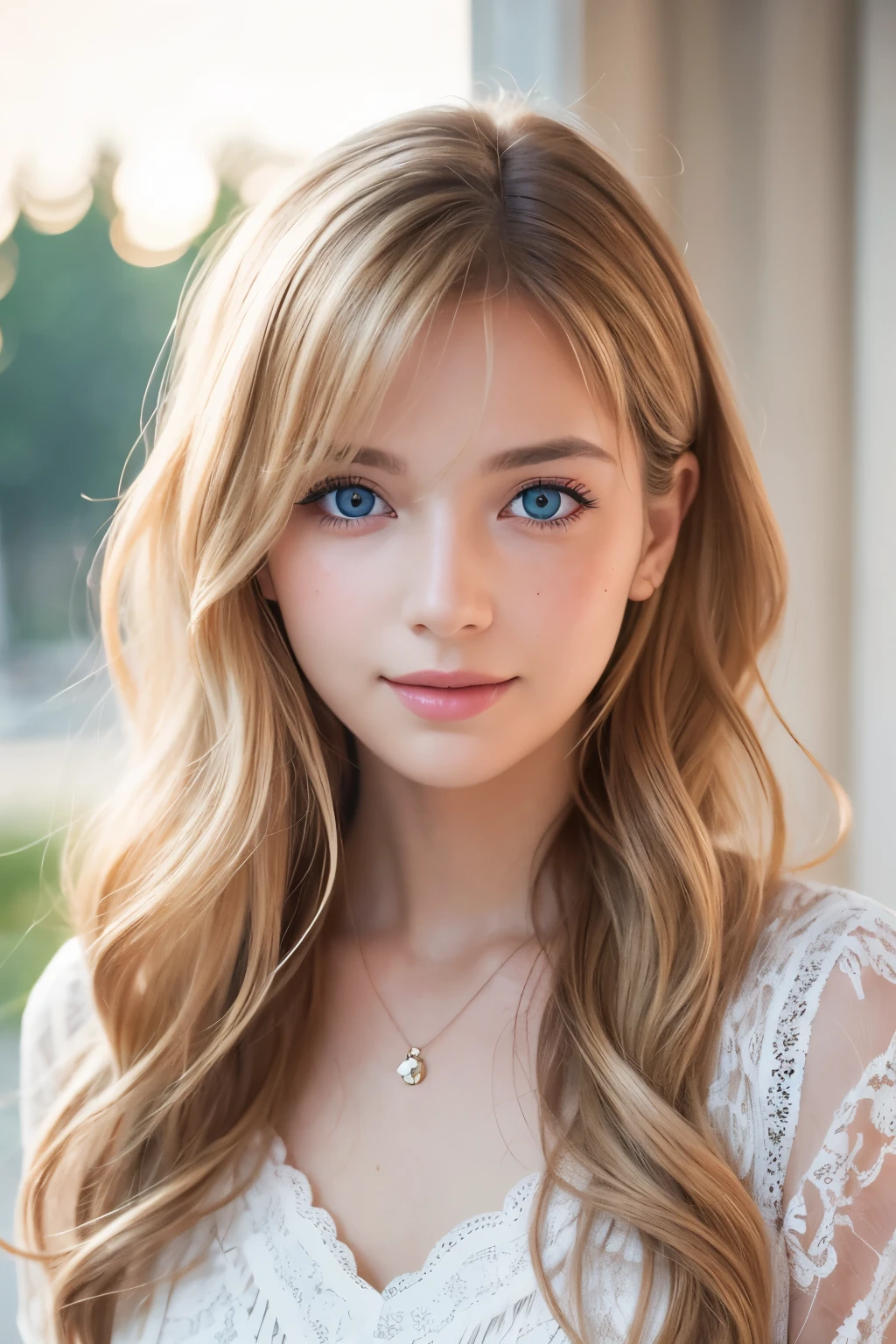 1. Appearance:
   - Youthful and attractive with a sweet and inviting smile
   - Big, sparkling blue eyes with long, dark eyelashes
   - Small, delicate nose and rosy, full lips
   - Clear, radiant skin with a natural, soft blush on her cheeks
   - Light freckles across her nose and cheeks for an added touch of cuteness
   - Long, wavy blonde hair with a slight natural wave

2. Outfit:
   - Feminine and stylish fashion
   - Wearing a pastel-colored blouse with lace details
   - A delicate necklace with a small pendant
   - Minimalist makeup emphasizing her natural beauty

3. Background and Setting:
   - Soft, warm lighting to enhance her features
   - Blurred background with pastel colors to keep the focus on her face
   - Natural and relaxed atmosphere, suggesting a candid moment