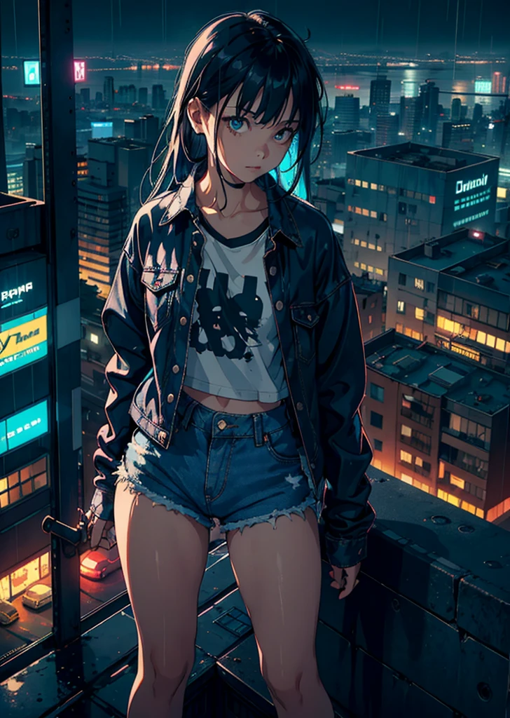 A girl on top of a building wearing denim shorts and a long plaid shirt, Rainy Day, Night, Neon, Overlooking the Cyberpunk City, Clear lines, Neon evidentes