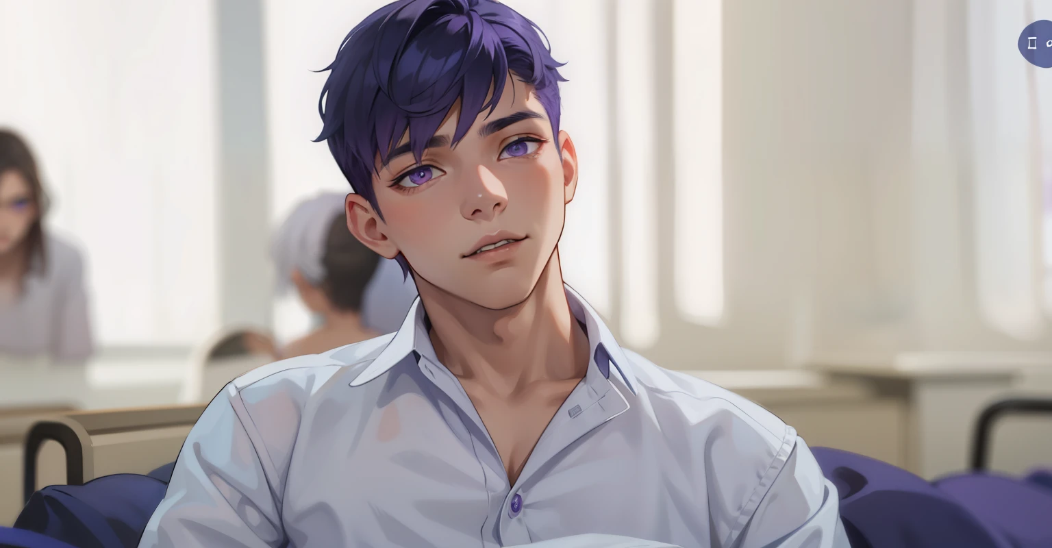 a beautiful young man violet hair violet eyes speaking a story he is telling us something