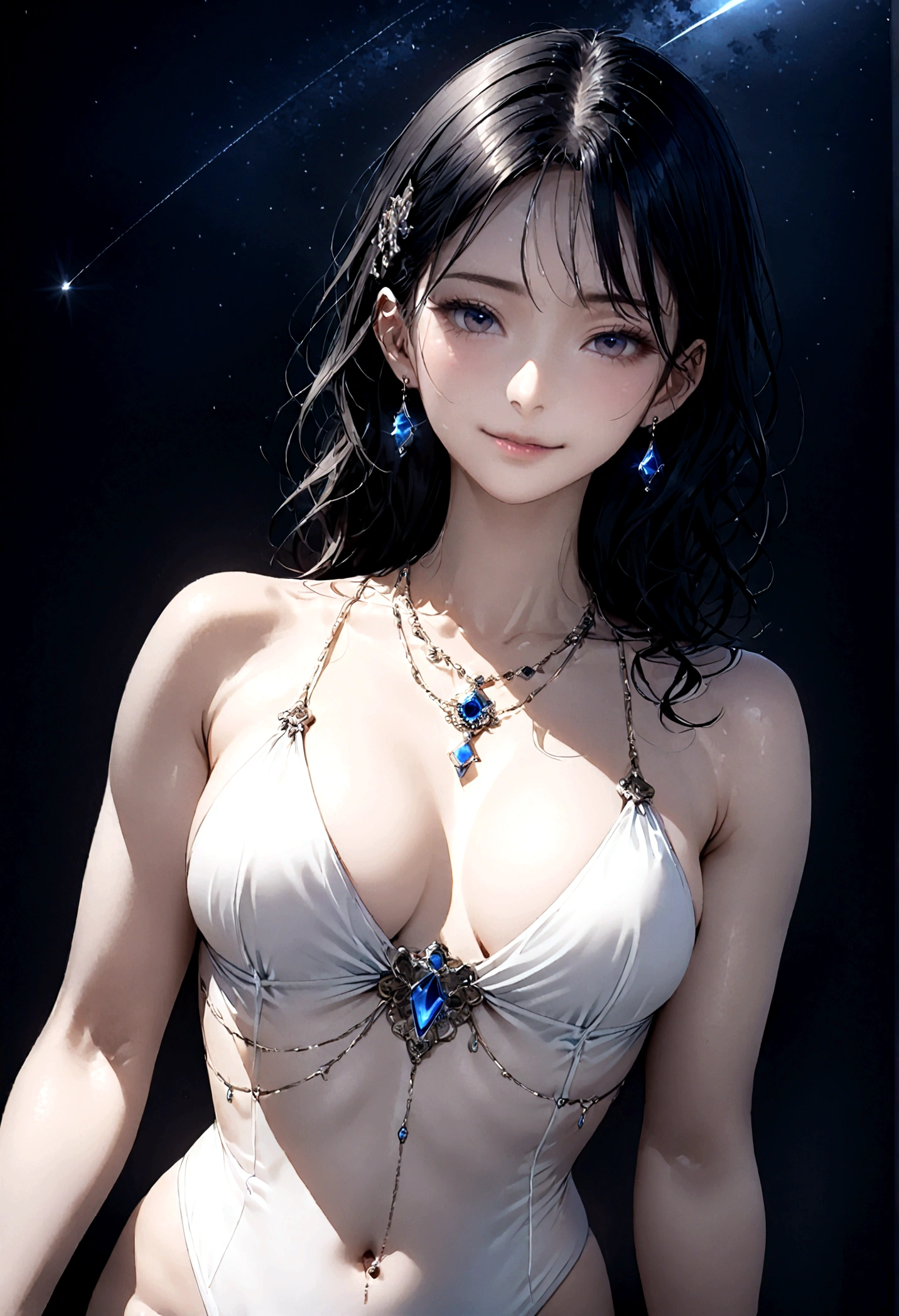 8k, masterpiece, RAW Photos, highest quality, Realistic, Very detailed, Depth of written boundary, Cinematic Light, Anatomically correct body,
An elegant beautiful mature woman, Very beautiful face, Exquisitely detailed face, (A gentle, calm face like a goddess:1.4), Very delicate skin texture, Transparent muscle, Shiny white skin, Glamorous Body,
(Wavy black long hair:1.2), Sexy Breasts, Sexy ass,
(White hentai swimsuit:1.4), (Detailed cloth texture:1.2), (Body chain accessory with detailed jewel studded embellishments:1.3), (Gorgeous necklace:1.1), (Gorgeous earrings:1.1),
(Dark starry background:1.4), (Milky Way:1.1), (milky way:1.1), (shooting star:1.1), (Dark coastline at night:1.4), (Pitch black sea surface:1.4),
(Low angle shot:1.8),