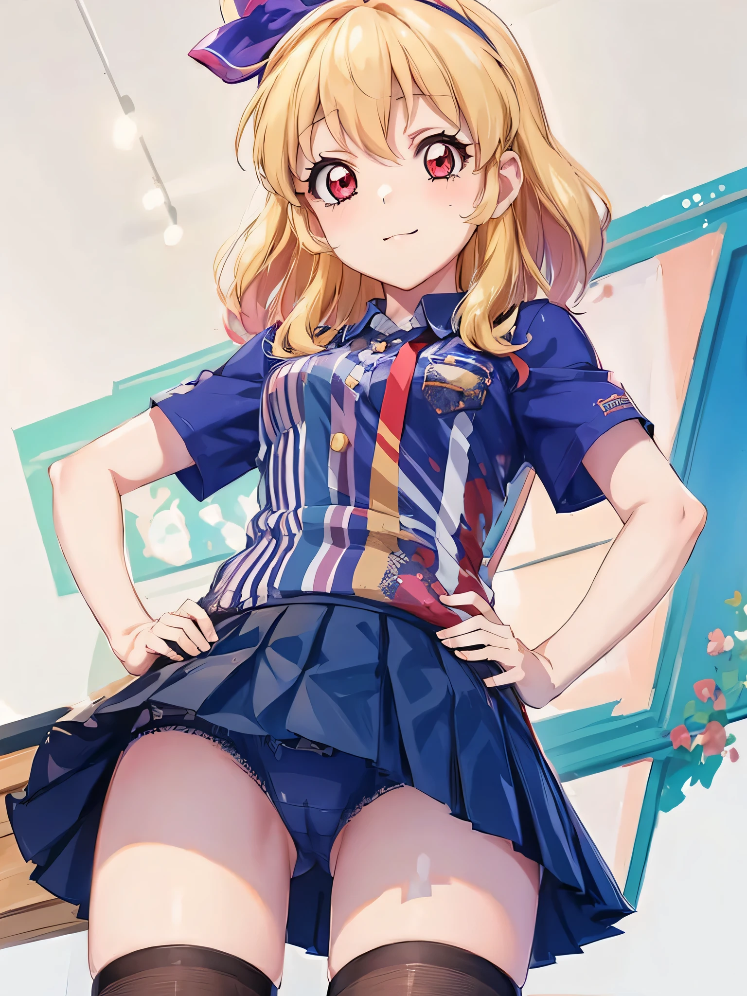 a woman with short hair and fishnets, and is wearing short shorts, 1girl, solo, ?????????, panties, long hair, hand on hip, thighhighs, skirt, pleated skirt, shirt, uniform, ???????, employee uniform, blush, looking at viewer, short sleeves, simple background, white background, blue skirt, striped shirt, black thighhighs, bangs, pantyshot, striped, closed mouth, blue shirt,Ichigo Hoshimiya (Aikatsu!),lol_i