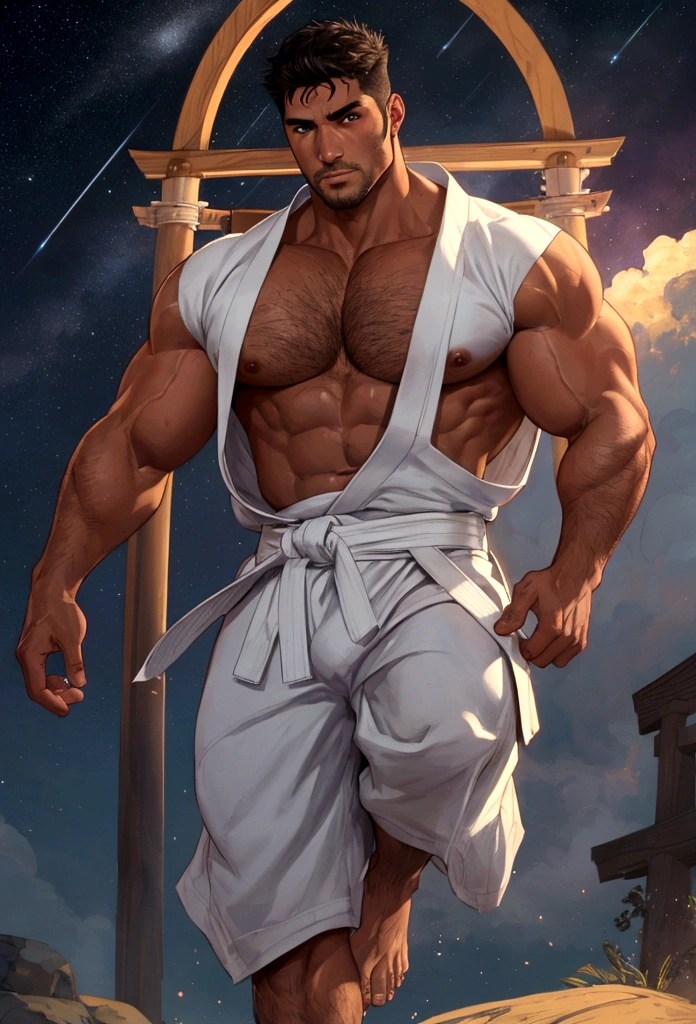 sexy mature daddy, tanned-skin, big bulge, darker skin, stubble, muscular, best quality, masterpiece, super high resolution, detailed background, realism, illustrations, single, 1 boy, torii, muscle, volumetric lighting, depth of field, facial hair, ryu, white clothes, black belt, light particles, massive bulge, starry sky, martial artist, sweating, short hair, perfect eyes, bare feet, naked body