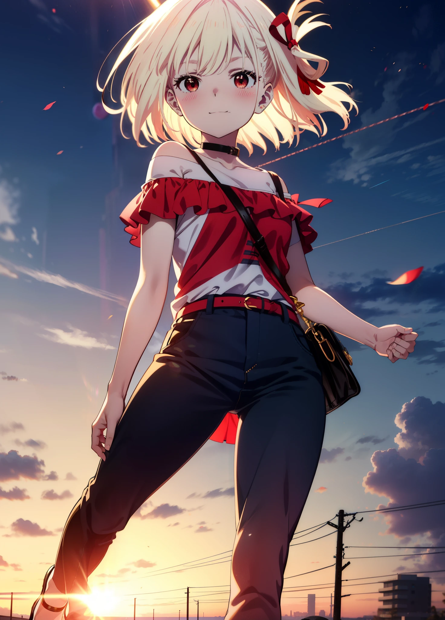 chisatonishikigi, Chisato Nishikigi, short hair, bangs, Blonde Hair, (Red eyes:1.5), Hair Ribbon, One side up, Bobcut,smile,blush,
Cord off-shoulder top,Short sleeve,skinny pants,Stiletto heels,morning,morning陽,The sun is rising,walking,whole bodyがイラストに入るように,
break outdoors, 公園
break looking at viewer, whole body,
break (masterpiece:1.2), highest quality, High resolution, unity 8k wallpaper, (shape:0.8), (Beautiful details:1.6), Highly detailed face, Perfect lighting, Extremely detailed CG, (Perfect hands, Perfect Anatomy),