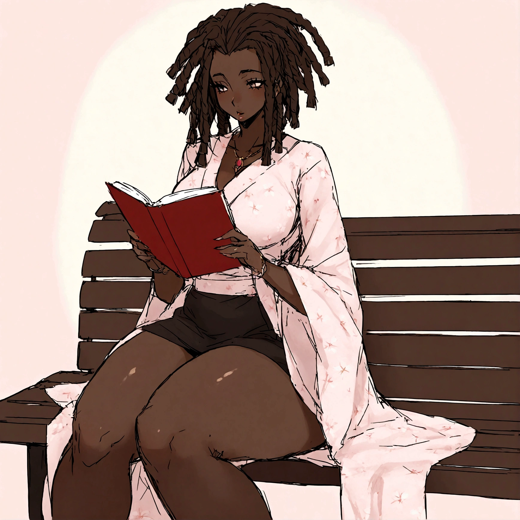 a sexy, curvy ebony skinned milf with long dreadlocks in a flowing sakura dress on a bench reading a book