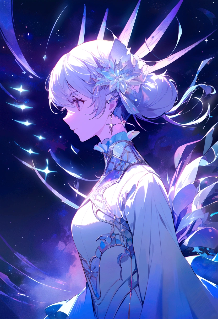 blue and purple theme, nebula, galaxie, fille simple, style anime, Sparkling magic, kaleidoscope patterns, shimmering highlights, de grands yeux, surrealism, fantaisie, Fantastic elements, contemplation sereine, Dynamic energy, moment de calme, vibrant colors, composition imaginative, closed mouth, vue de profil