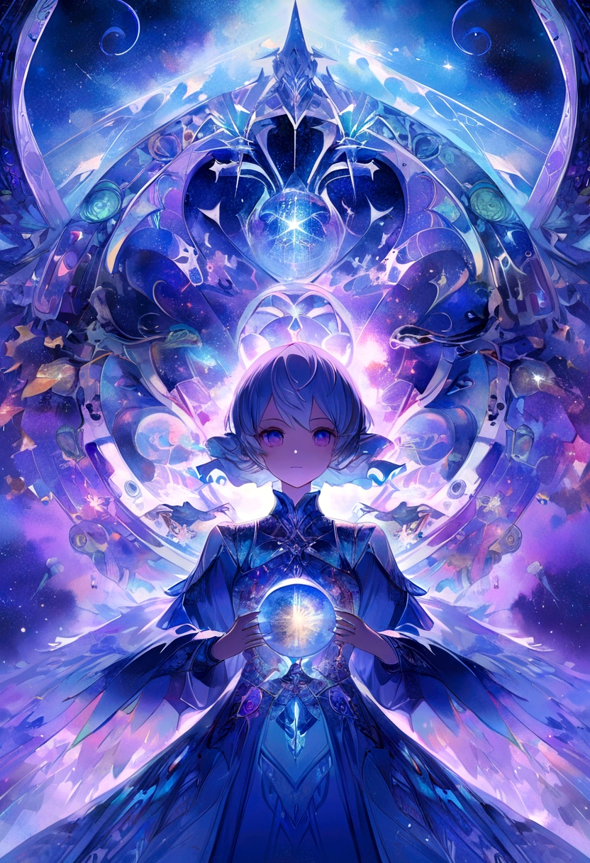 blue and purple theme, nebula, galaxie, fille simple, style anime, Sparkling magic, kaleidoscope patterns, shimmering highlights, de grands yeux, surrealism, fantaisie, Fantastic elements, contemplation sereine, Dynamic energy, moment de calme, vibrant colors, composition imaginative, closed mouth, vue de profil