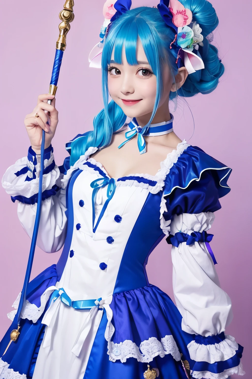 A girl with blue hair、Dressed in colorful and fantastical costumes。She is wearing a white and blue outfit.、Accented with purple ribbons and decorations。She has a cheerful expression、Holding a magic wand in his hand、I'm posing happily。The overall design is anime-style.、It has a bright and lively atmosphere.