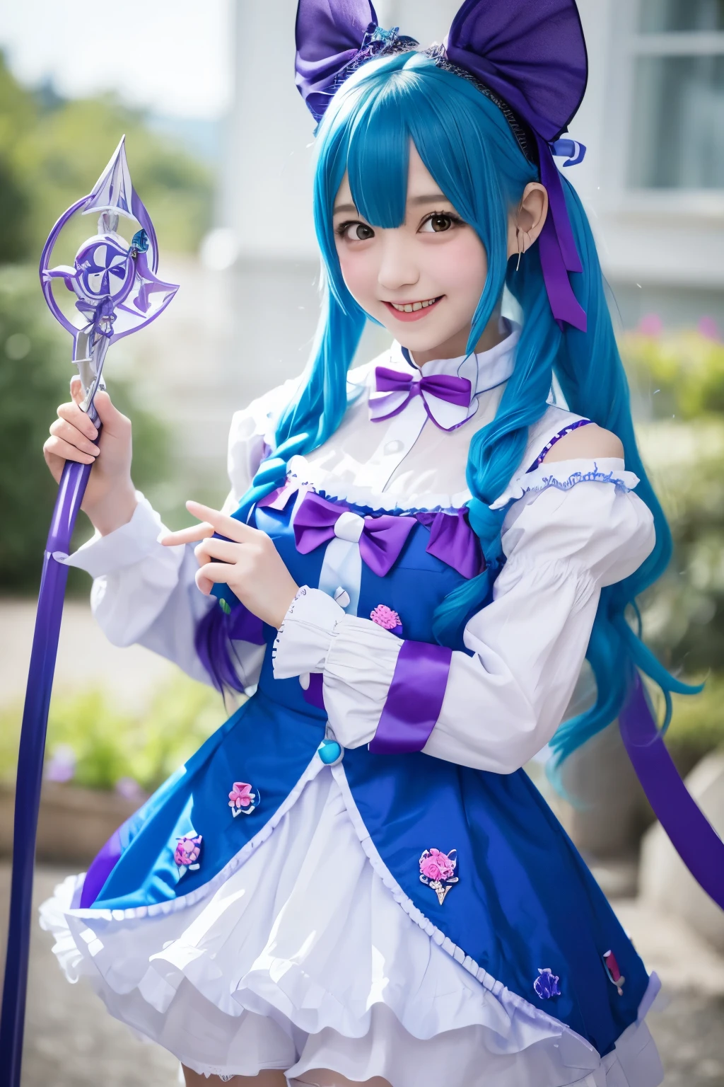 A girl with blue hair、Dressed in colorful and fantastical costumes。She is wearing a white and blue outfit.、Accented with purple ribbons and decorations。She has a cheerful expression、Holding a magic wand in his hand、I'm posing happily。The overall design is anime-style.、It has a bright and lively atmosphere.