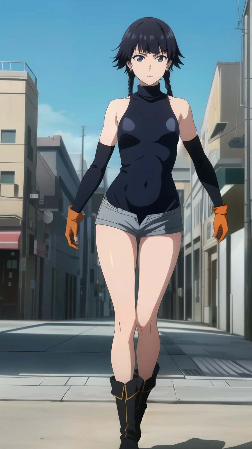 soifon, soifon, short hair, bangs, black hair, short hair with long locks, (black eyes:1.2), small breasts,(slender:1.2),Glare, (elbow_gloves, boots, orange high leg turtleneck swimsuit, navel baring,Shorts, knee socks, earrings, city:1.2), 
dynamic pose, dynamic angles, looking at viewer,
 (masterpiece best quality, 8k:1.2),(anime), high resolution, unity 8k wallpaper, (beautiful detailed eyes:1.2), extremely detailed face, perfect lighting, extremely detailed CG, (perfect hands, perfect anatomy),