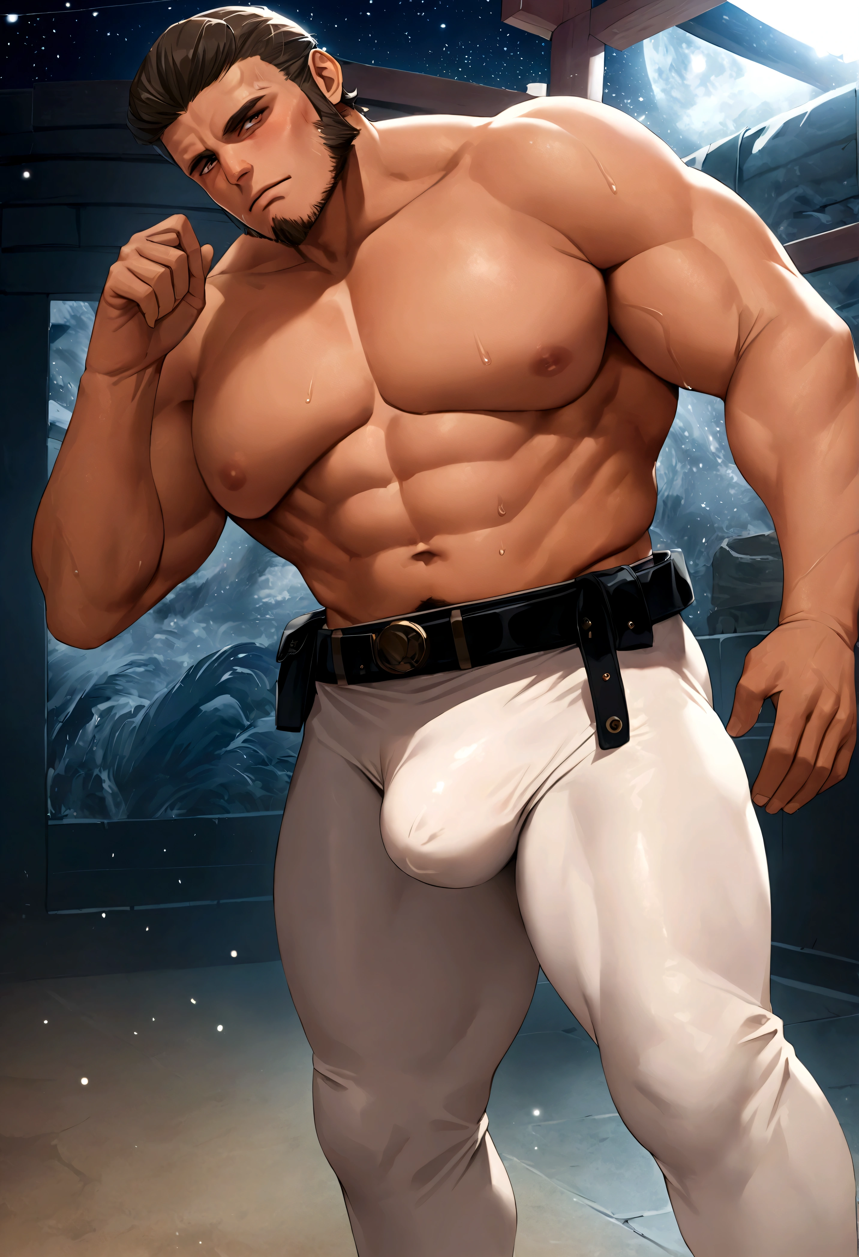 sexy mature daddy, tanned-skin, big bulge, darker skin, stubble, muscular, best quality, masterpiece, super high resolution, detailed background, realism, illustrations, single, 1 boy, torii, muscle, volumetric lighting, depth of field, facial hair, ryu, white clothes, black belt, light particles, massive bulge, starry sky, martial artist, sweating, short hair, perfect eyes, bare feet, naked body