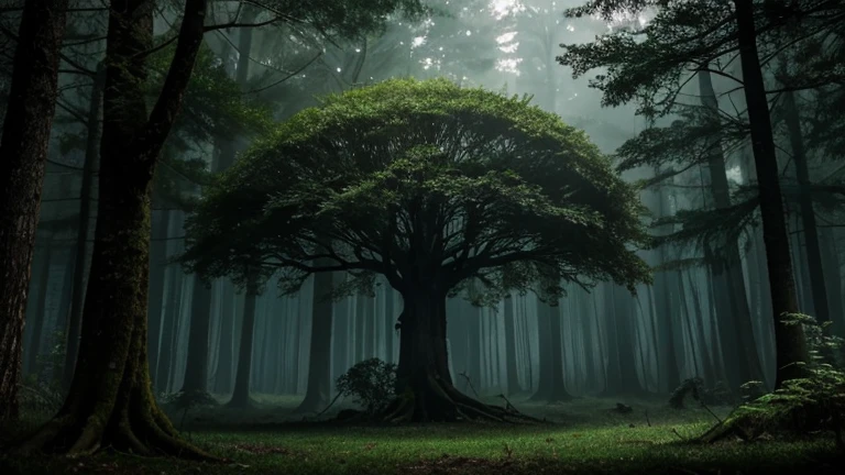 Create an image of a mysterious and enchanted forest. The forest should be enveloped in an ethereal mist that creeps along the ground, creating an atmosphere of mystery and magic. The trees are tall and ancient, with thick trunks covered in green moss and branches that intertwine above, forming an almost impenetrable canopy. The forest floor is covered in fallen leaves, twisted roots, and small, brightly colored mushrooms. A ruinous, old tree stands out in the center, with gnarled branches and withered leaves. Hanging from one of its lower branches is an ancient clock with an immobile pendulum. Small glimmers of light, as if from invisible fairies, dance among the shadows. In the distance, the bright eyes of nocturnal animals can be seen, watching from the darkness. The light of dawn barely penetrates the dense canopy, creating an effect of slowly moving lights and shadows with the wind. The entire scene should convey a sense of mystery, enchantment, and a touch of danger