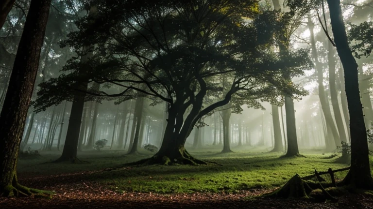 Create an image of a mysterious and enchanted forest. The forest should be enveloped in an ethereal mist that creeps along the ground, creating an atmosphere of mystery and magic. The trees are tall and ancient, with thick trunks covered in green moss and branches that intertwine above, forming an almost impenetrable canopy. The forest floor is covered in fallen leaves, twisted roots, and small, brightly colored mushrooms. A ruinous, old tree stands out in the center, with gnarled branches and withered leaves. Hanging from one of its lower branches is an ancient clock with an immobile pendulum. Small glimmers of light, as if from invisible fairies, dance among the shadows. In the distance, the bright eyes of nocturnal animals can be seen, watching from the darkness. The light of dawn barely penetrates the dense canopy, creating an effect of slowly moving lights and shadows with the wind. The entire scene should convey a sense of mystery, enchantment, and a touch of danger