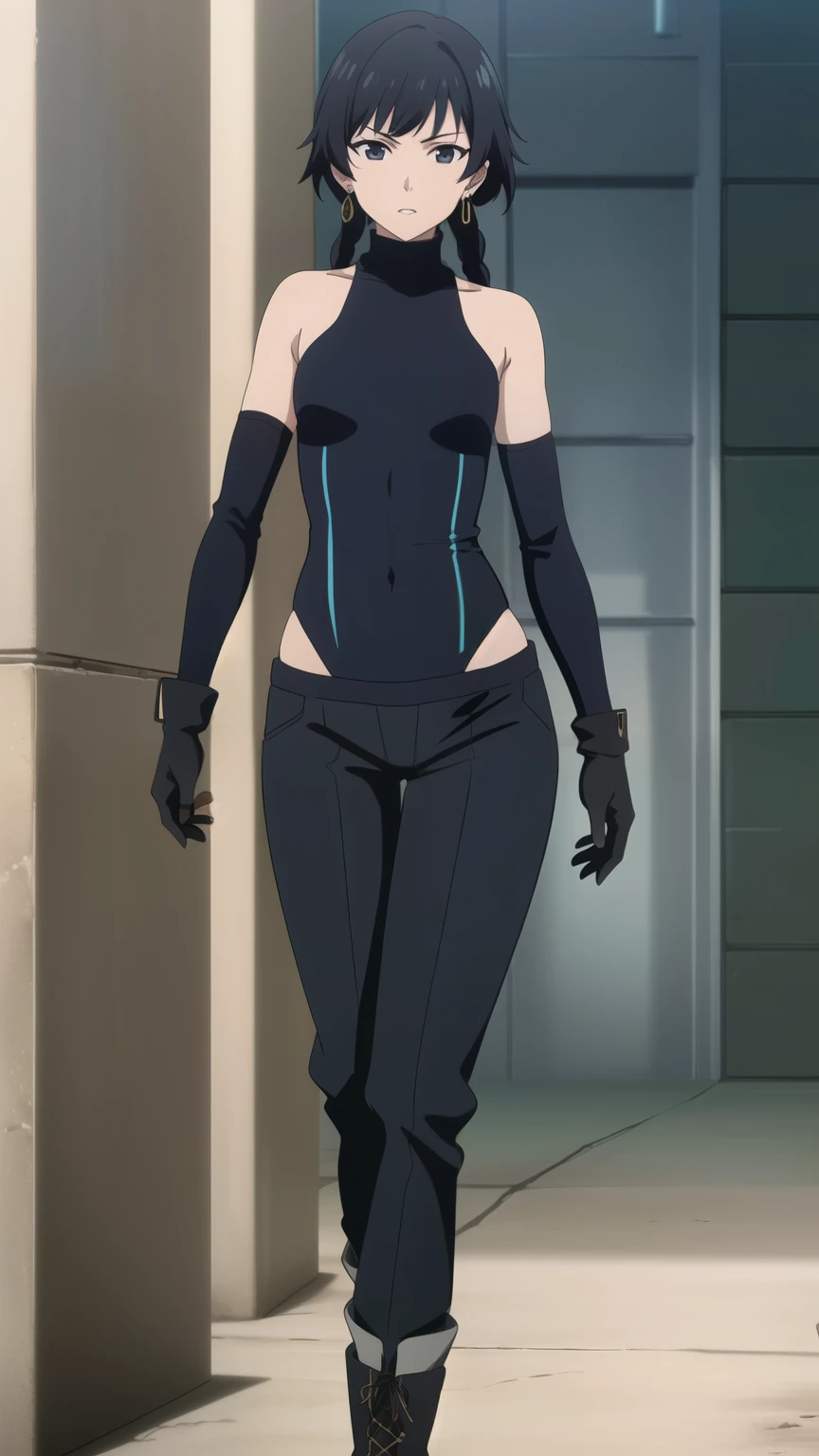 soifon, soifon, short hair, bangs, black hair, short hair with long locks, (black eyes:1.2), small breasts,(slender:1.2),Glare, (elbow_gloves, boots, orange high leg turtleneck swimsuit, navel baring,Long trousers, knee socks, earrings, city:1.2),
dynamic pose, dynamic angles, looking at viewer,
(masterpiece best quality, 8k:1.2),(anime), high resolution, unity 8k wallpaper, (beautiful detailed eyes:1.2), extremely detailed face, perfect lighting, extremely detailed CG, (perfect hands, perfect anatomy),