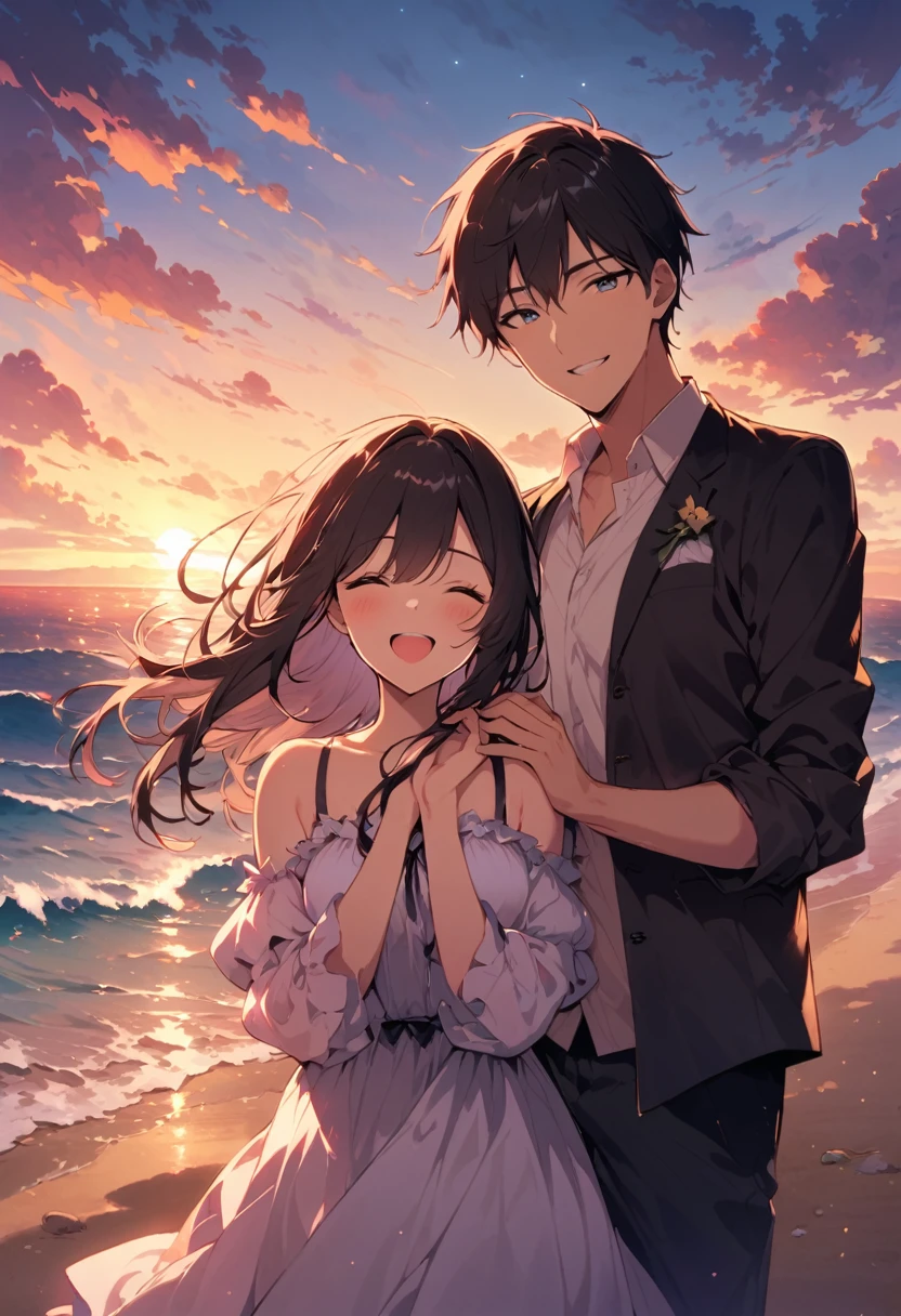 evening、Beautiful ocean background with the sun setting on the beach、A couple of men and women standing shoulder to shoulder。They each put their hands together to make a heart shape、Her expression is full of happiness。The orange color of the sunset envelopes us both、Romantic atmosphere。Their big smiles、It enhances the beautiful, picturesque scene.。 --ar 3:4 --niji 6