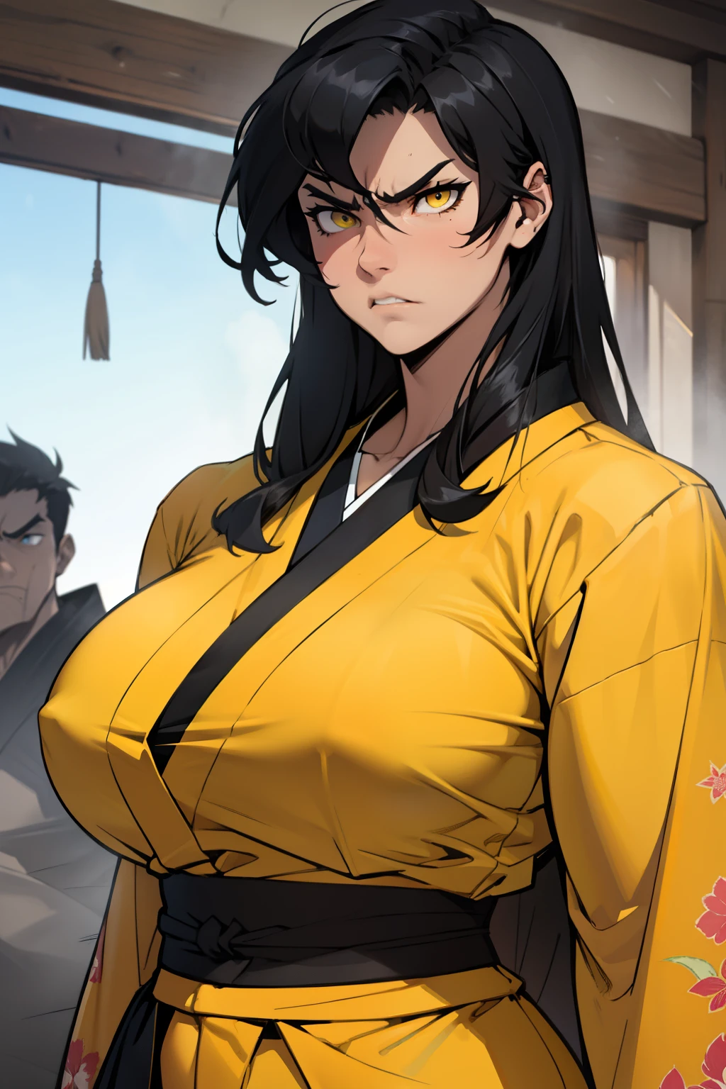 girl ((muscular)) massive breasts thick disdain disgusted annoyed disappointed black hair yellow eyes pale skin super detail kimono