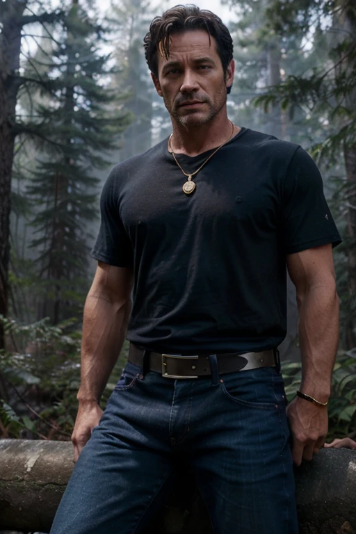 Luke Perry, Fred Andrews, Teen Wolf, 40 years old, short messy black hair, slim muscular build, black eyes, open blue shirt, dark blue jeans, black belt, light brown combat boots, silver moon pendant, gold background black, misty forest