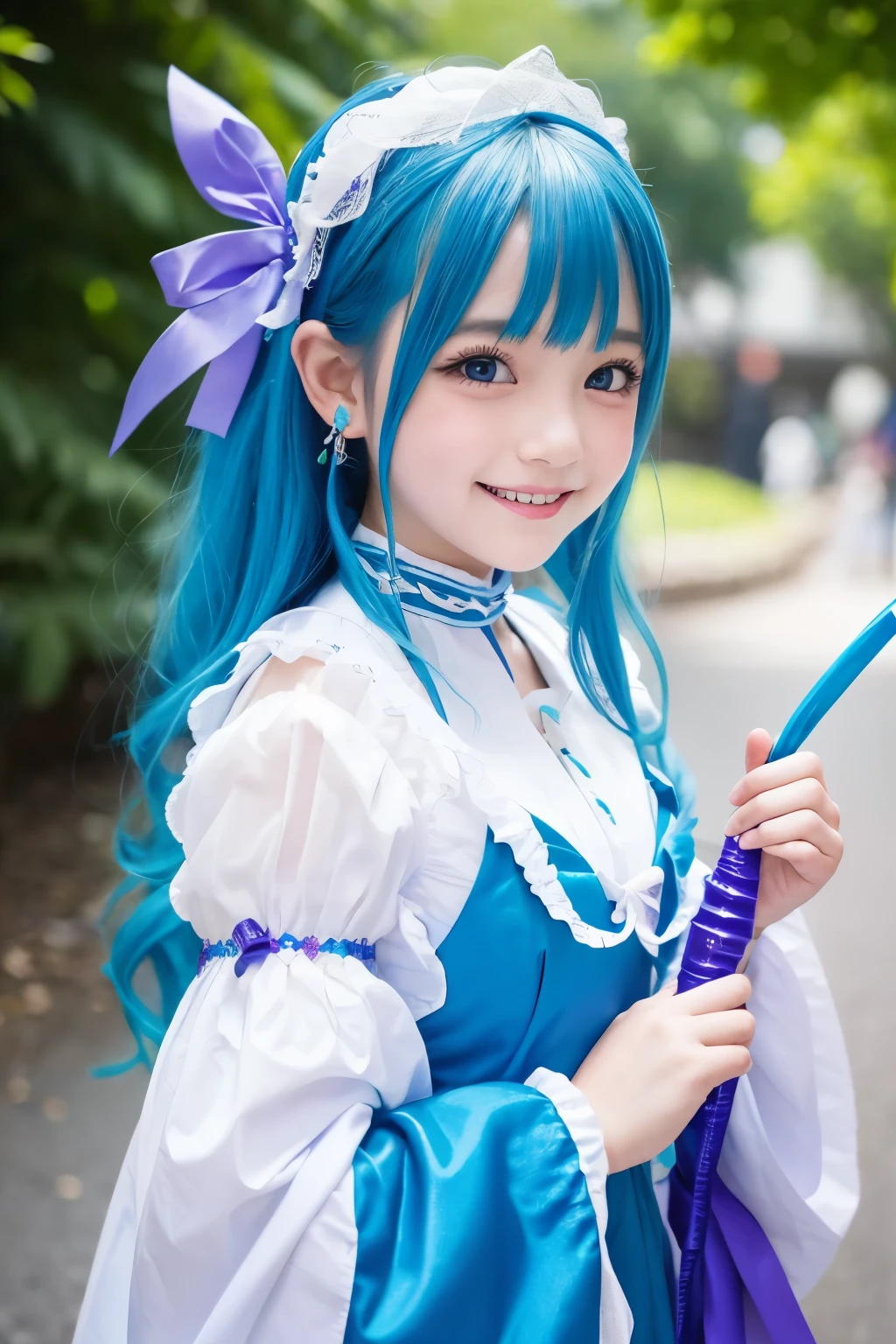 A girl with blue hair、Dressed in colorful and fantastical costumes。She is wearing a white and blue outfit.、Accented with purple ribbons and decorations。She has a cheerful expression、Holding a magic wand in his hand、I'm posing happily。The overall design is anime-style.、It has a bright and lively atmosphere.