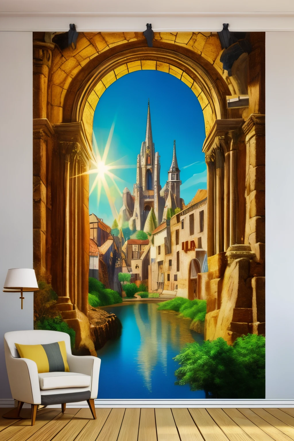 Uma pequena cidade medieval europeia, estilo fresco, luz do sol