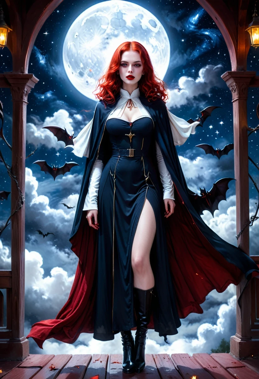 a picture of an exquisite beautiful female nun vampire standing under the starry night sky on the porch of her monastery, ultra feminine, (pale skin: 1.3), red hair, wavy hair, dynamic eyes color, cold eyes, glowing eyes, intense eyes, dark red lips, ((fangs: 1.1)), wearing (white nun tight וuniform: 1.3), wearing (blue cloak: 1.3), long cloak, flowing cloak, wearing (high heeled boots: 1.3), sky full of stars background, moon, bats flying about, action shot, high details, best quality, 16k, ((ultra detailed: 1.5)), masterpiece, best quality, portrait shot, photorealism, dark fantasy art, gothic art, many stars, sense of dread, GlowingRunesAI_red, Cinematic Hollywood Film style, ((no nudity: 1.5))