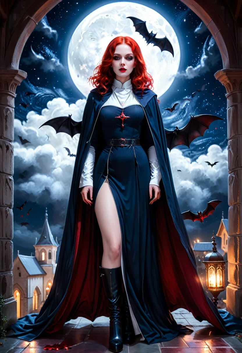 a picture of an exquisite beautiful female nun vampire standing under the starry night sky on the porch of her monastery, ultra feminine, (pale skin: 1.3), red hair, wavy hair, dynamic eyes color, cold eyes, glowing eyes, intense eyes, dark red lips, ((fangs: 1.1)), wearing (white nun tight וuniform: 1.3), wearing (blue cloak: 1.3), long cloak, flowing cloak, wearing (high heeled boots: 1.3), sky full of stars background, moon, bats flying about, action shot, high details, best quality, 16k, ((ultra detailed: 1.5)), masterpiece, best quality, portrait shot, photorealism, dark fantasy art, gothic art, many stars, sense of dread, GlowingRunesAI_red, Cinematic Hollywood Film style, ((no nudity: 1.5))